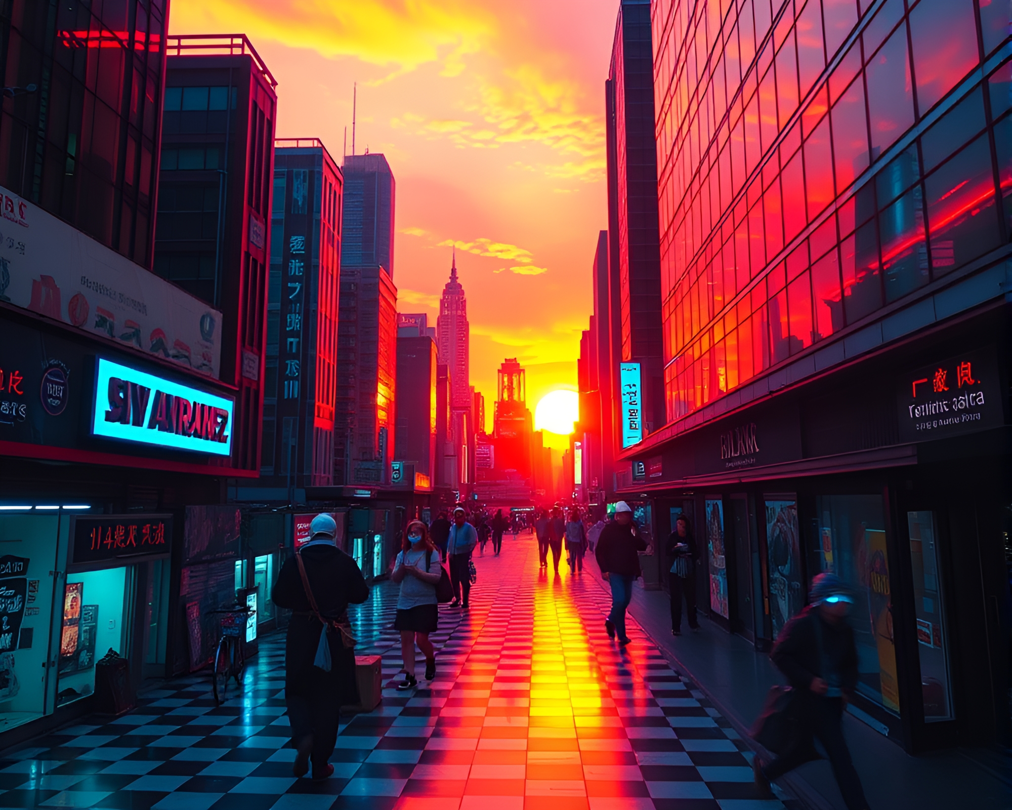 Checkered Futuristic Sunset Cityscape with Fluorescent Lights – free AI stock image