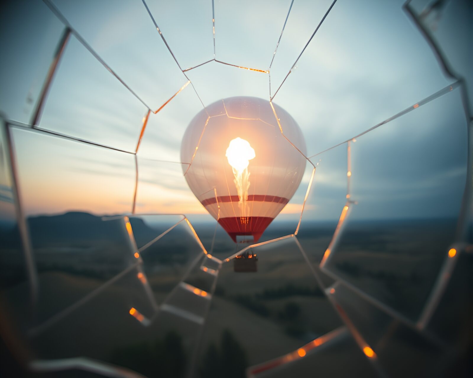 Broken glass with warm light reflecting hot air balloon
