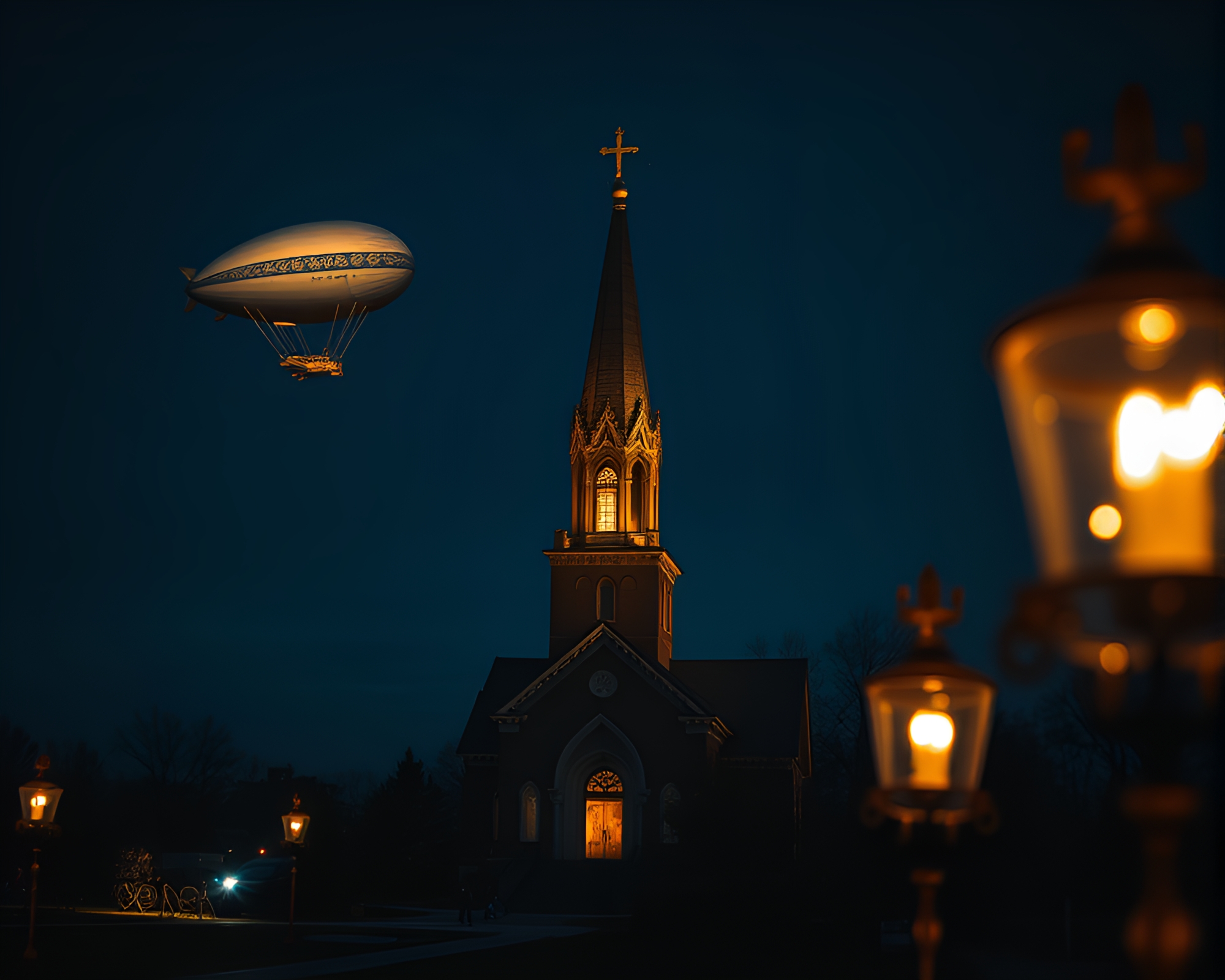 Gothic Zeppelin Illuminated by Church Candlelight – free AI stock image