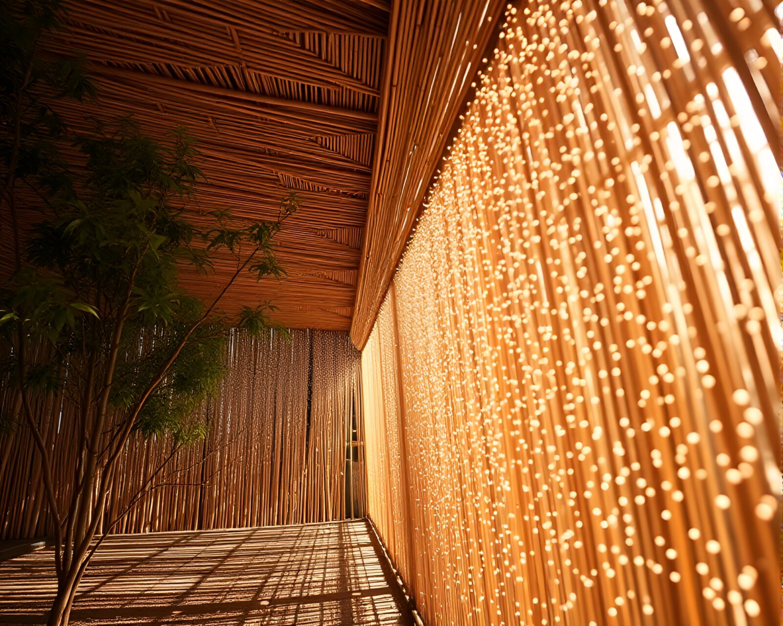 Minimalist design bamboo hut with dust motes in light