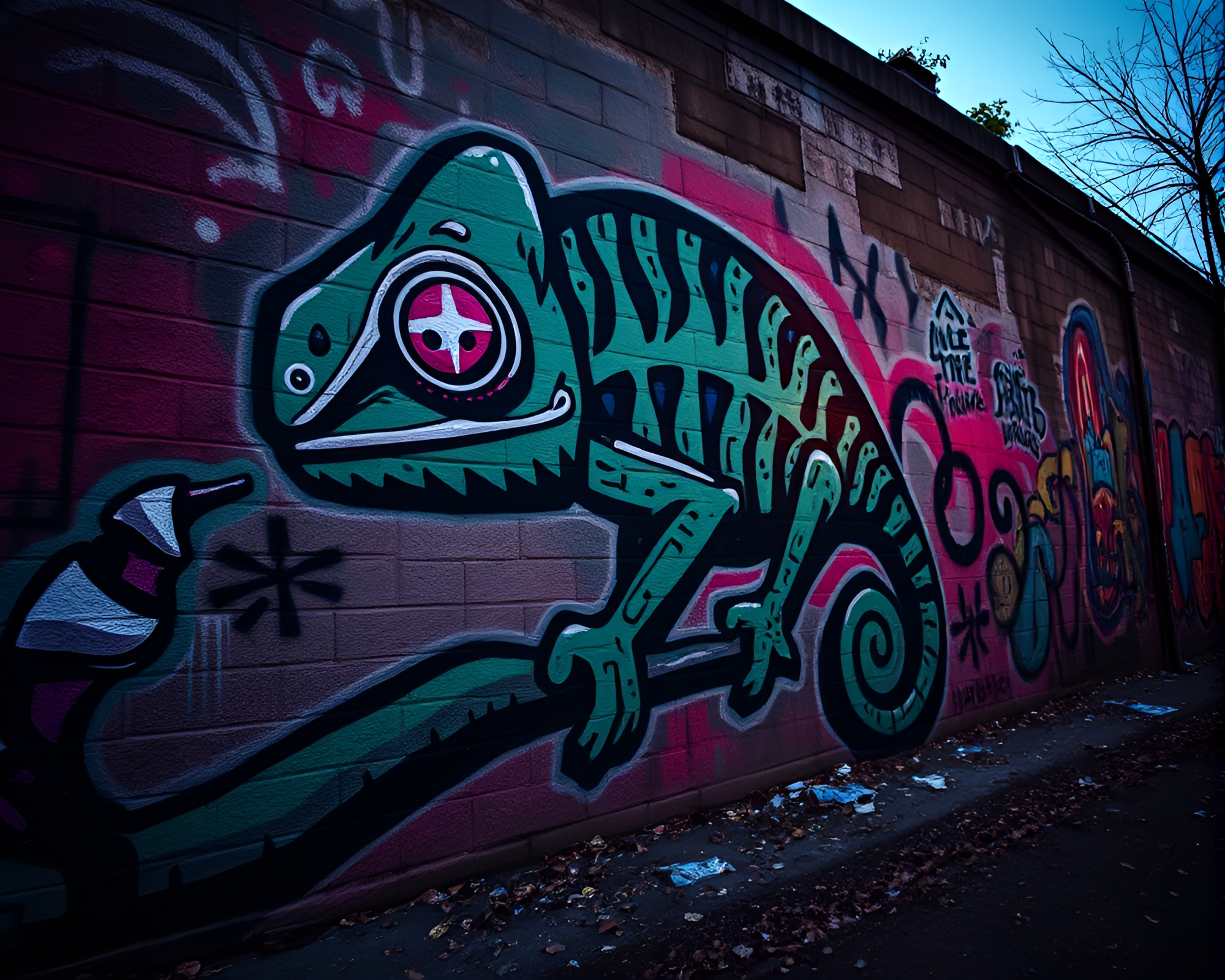 Chameleon-themed Wide-angle Mural Graffiti – free AI stock image