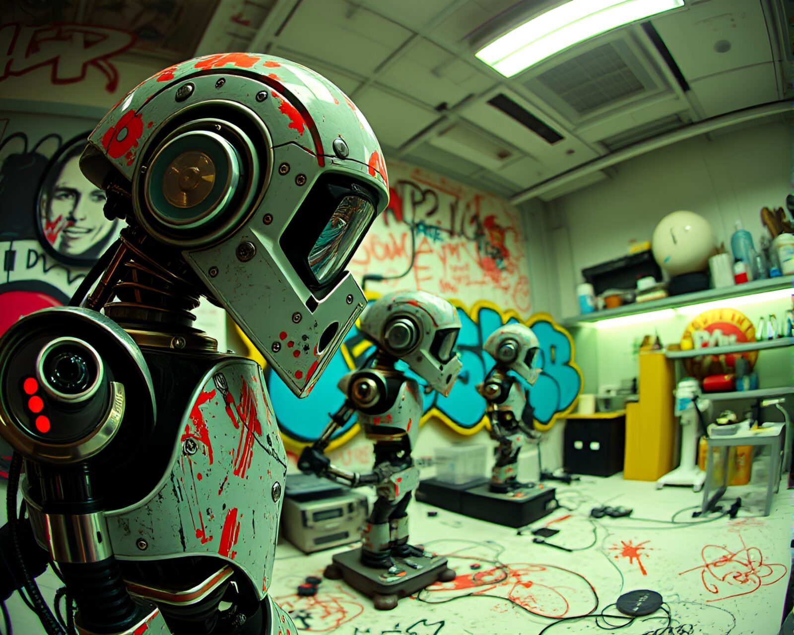 Colorful collaged robots in fisheye view robotics environment