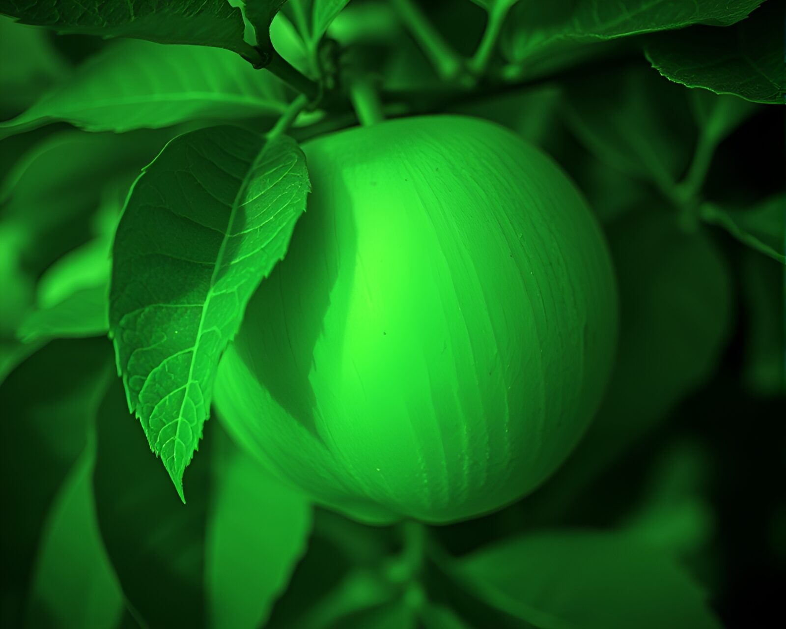 Abstract infrared photo of apple trees with scan lines