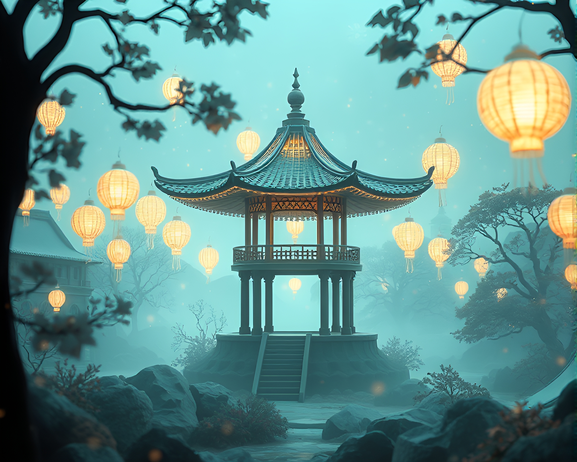 Floating Pavilion Surrounded by Paper Textures and CRT Flicker – free AI stock image