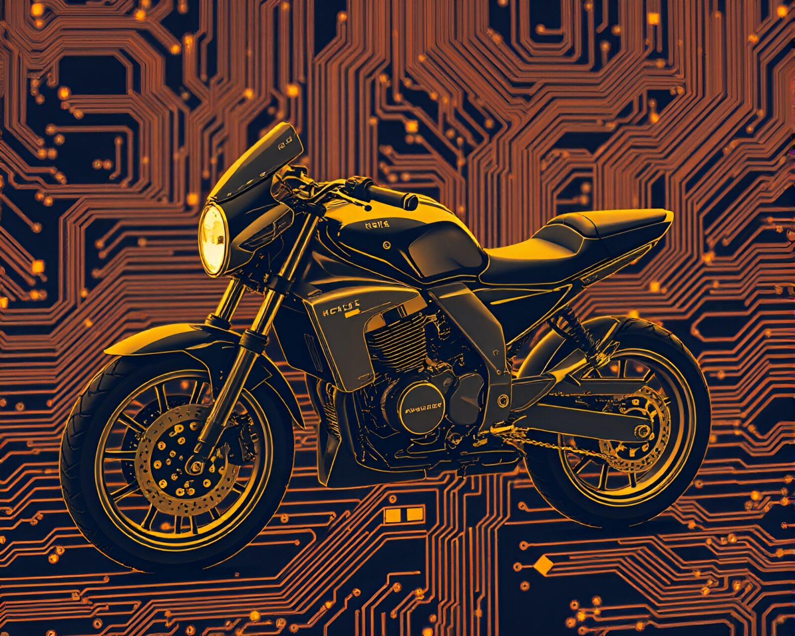 Graphic novel style motorcycle with circuit board traces
