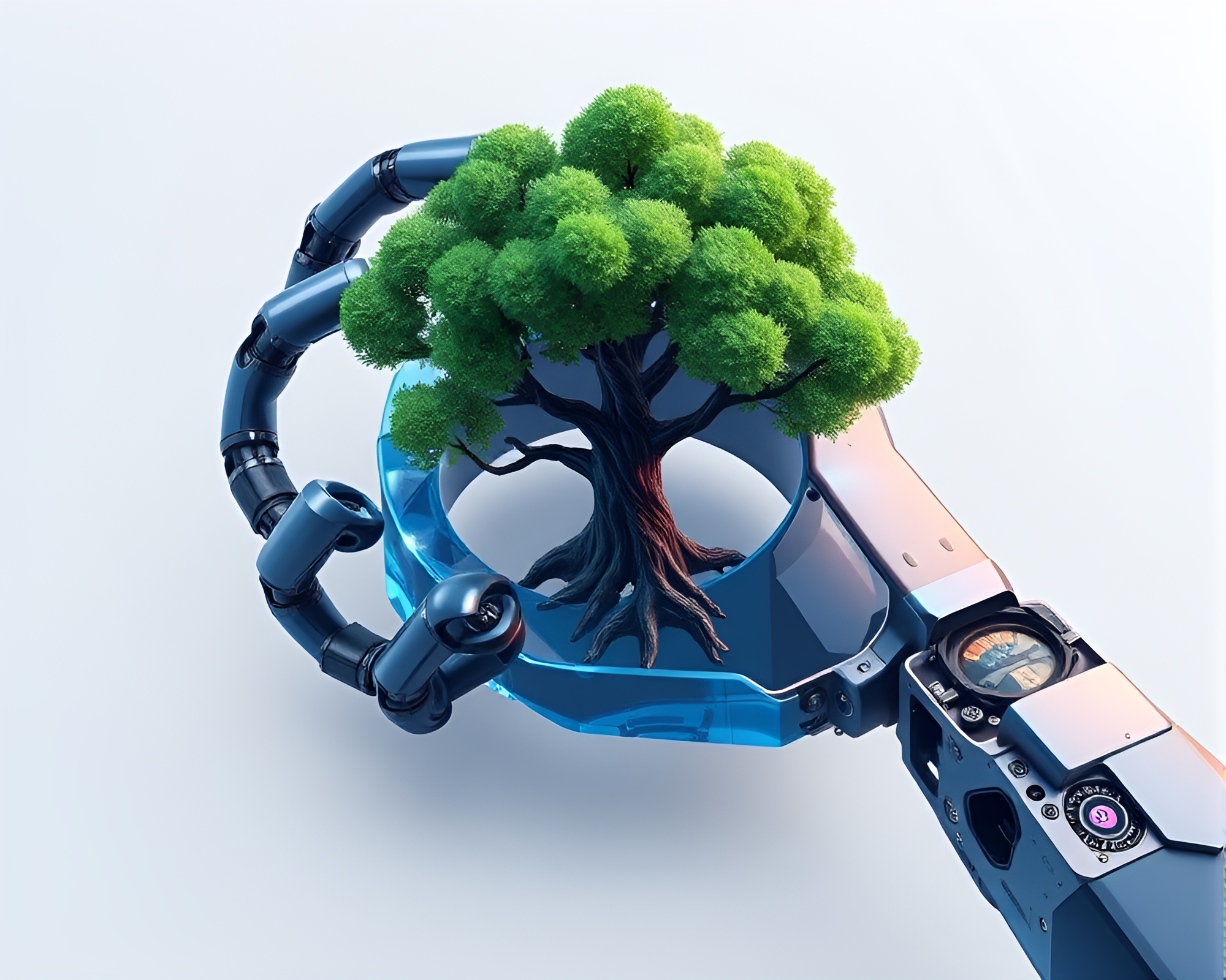 Robot Arm in Sapphire-Toned Isometric Tree Ring Pattern – free AI stock image