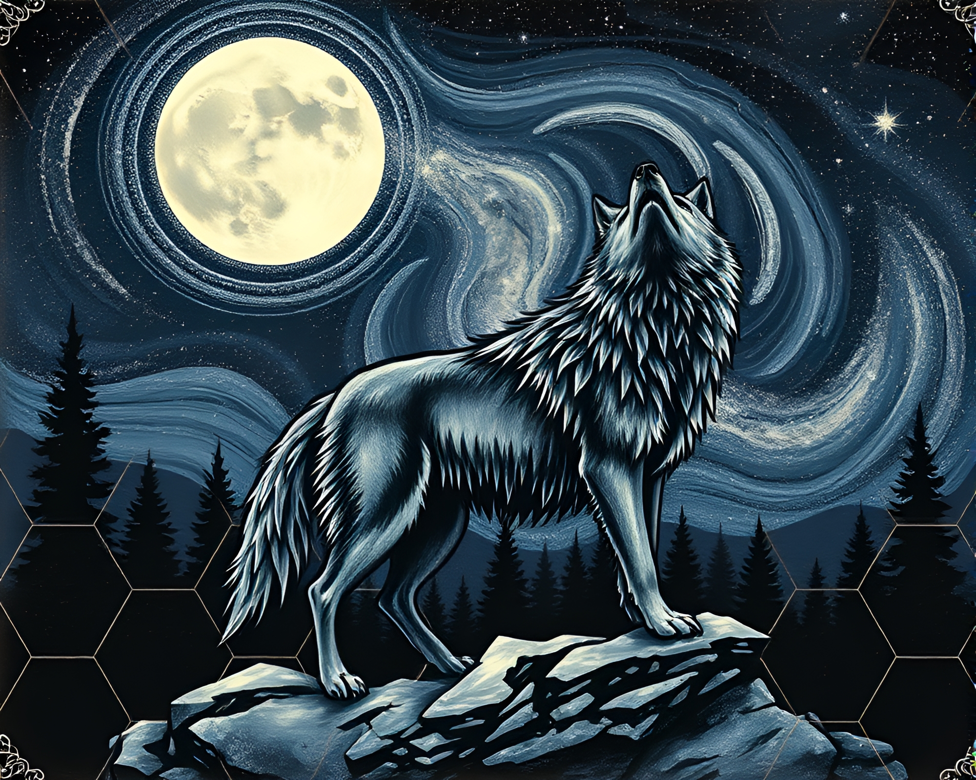 Hexagonal Moonlit Wolf in Lithograph Style – free AI stock image