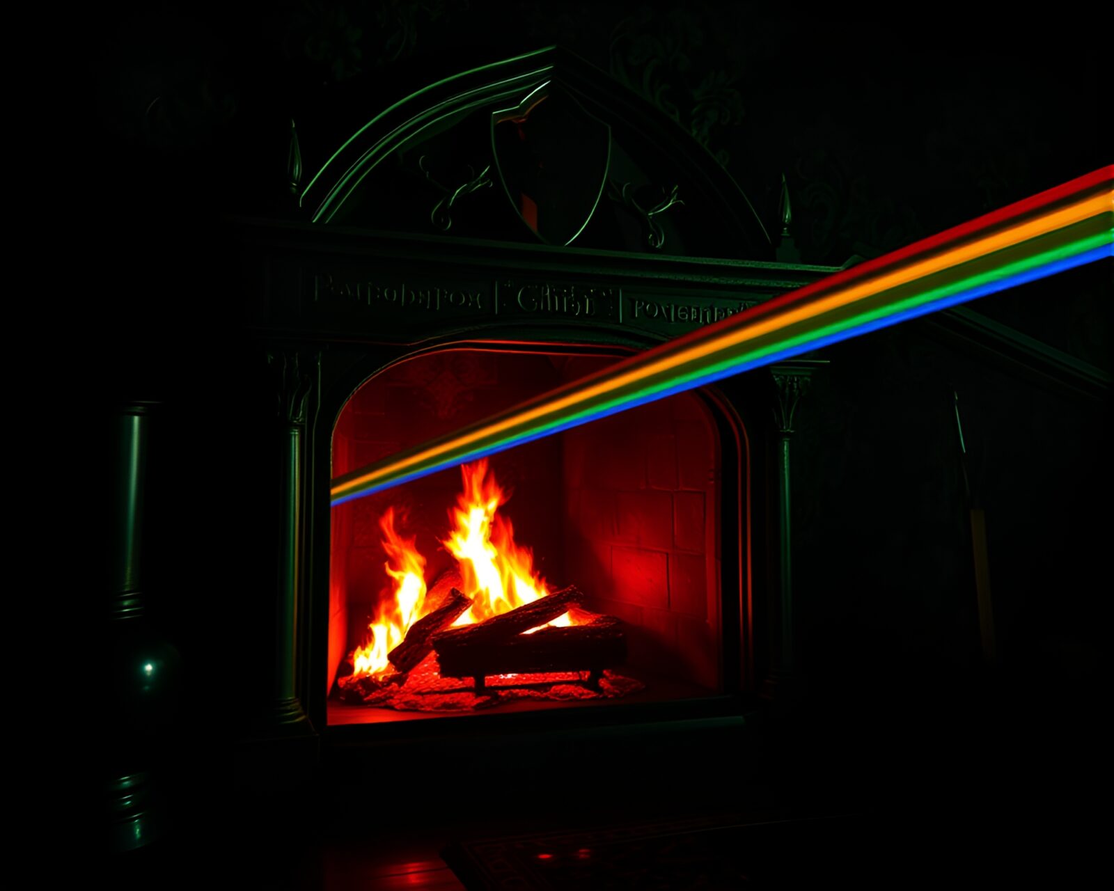 Eerie fireplace glow through distorted prism, Gothic horror theme