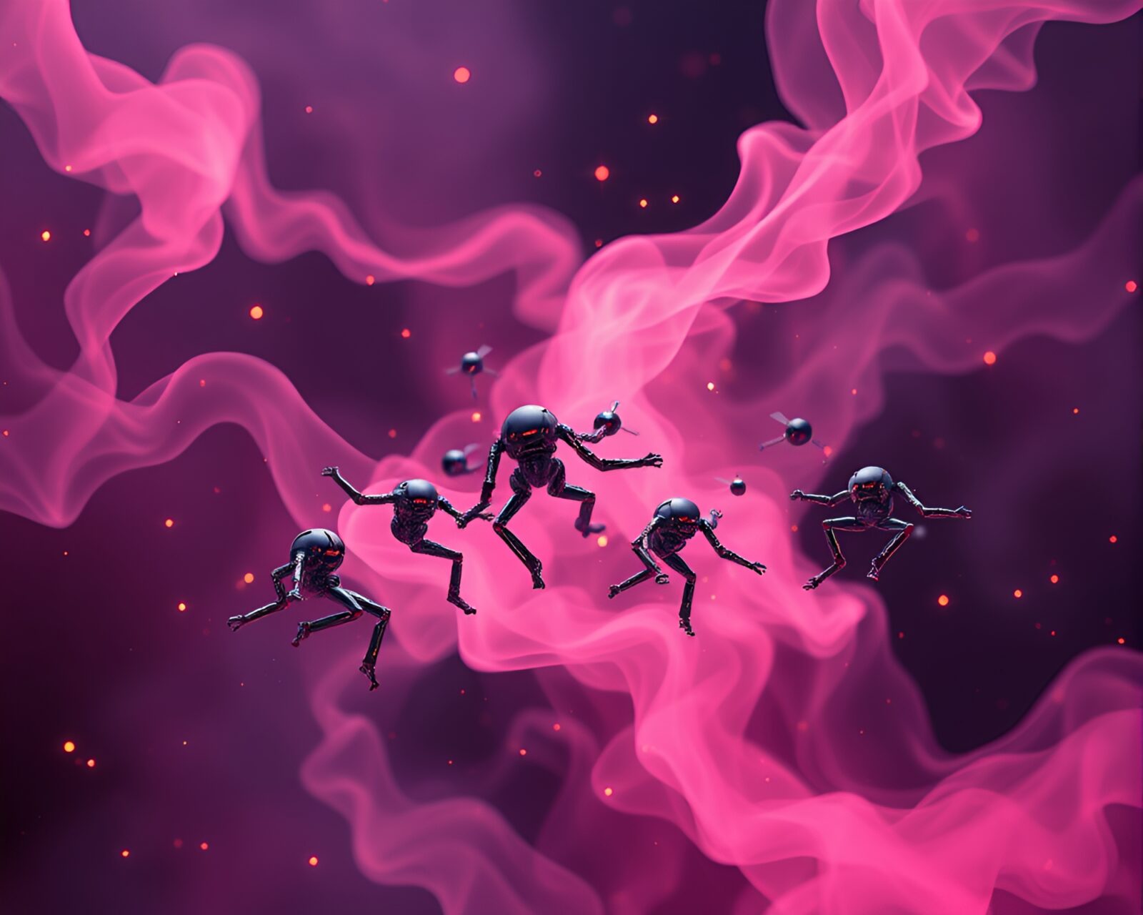 Geometric abstraction of nanobots in matte steam cloud.