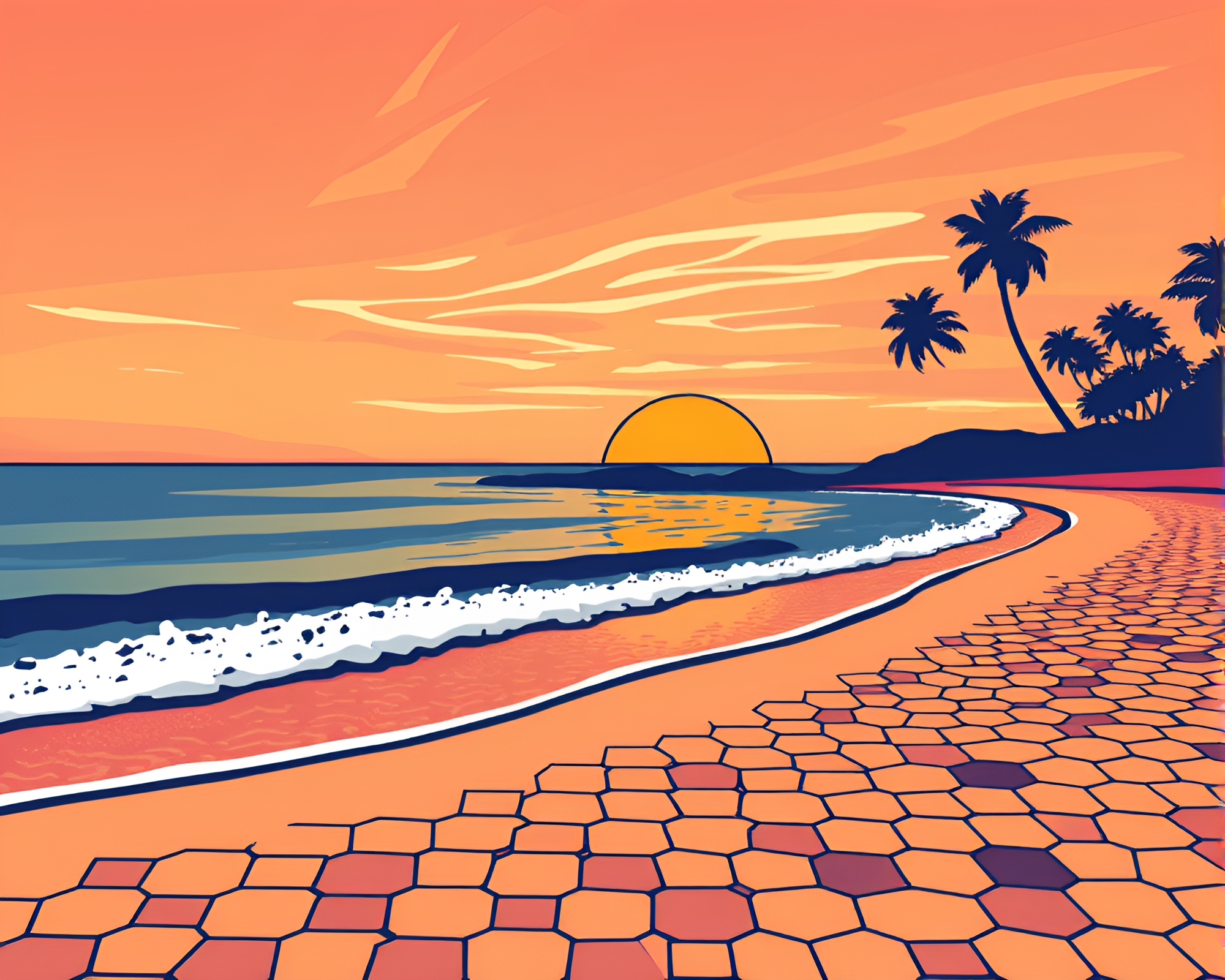 Sunset Beach Hexagonal Tiling Line Art Composition – free AI stock image