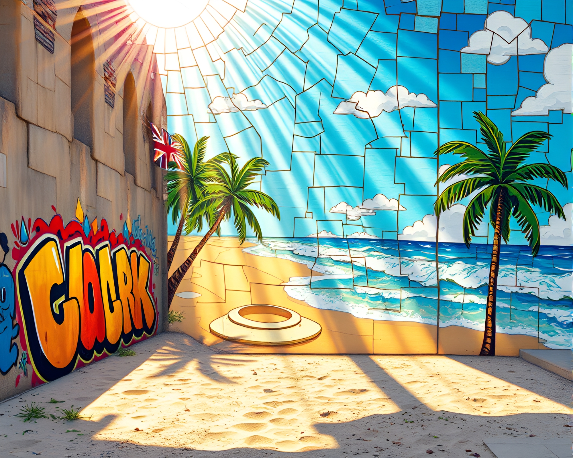 Summer Beach Cathedral Stained Light Mural Graffiti – free AI stock image