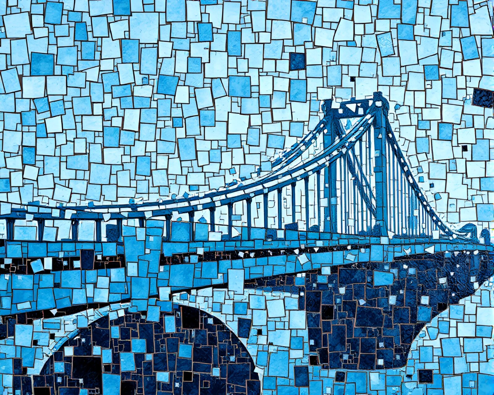 Fragmented steel-blue bridge in glitch art style mosaic