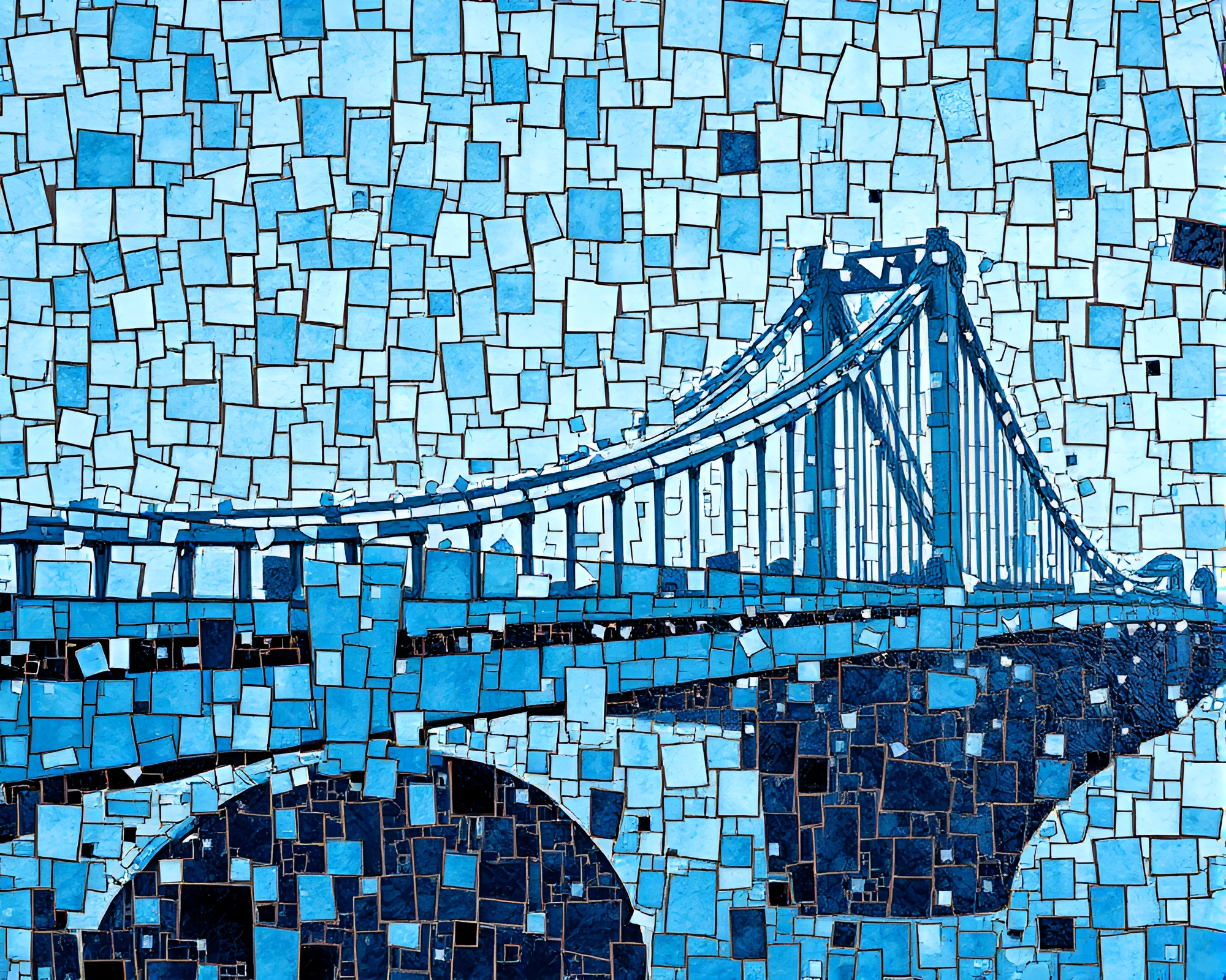 Glistening Steel-Blue Bridge Mosaic Glitch Art – free AI stock image