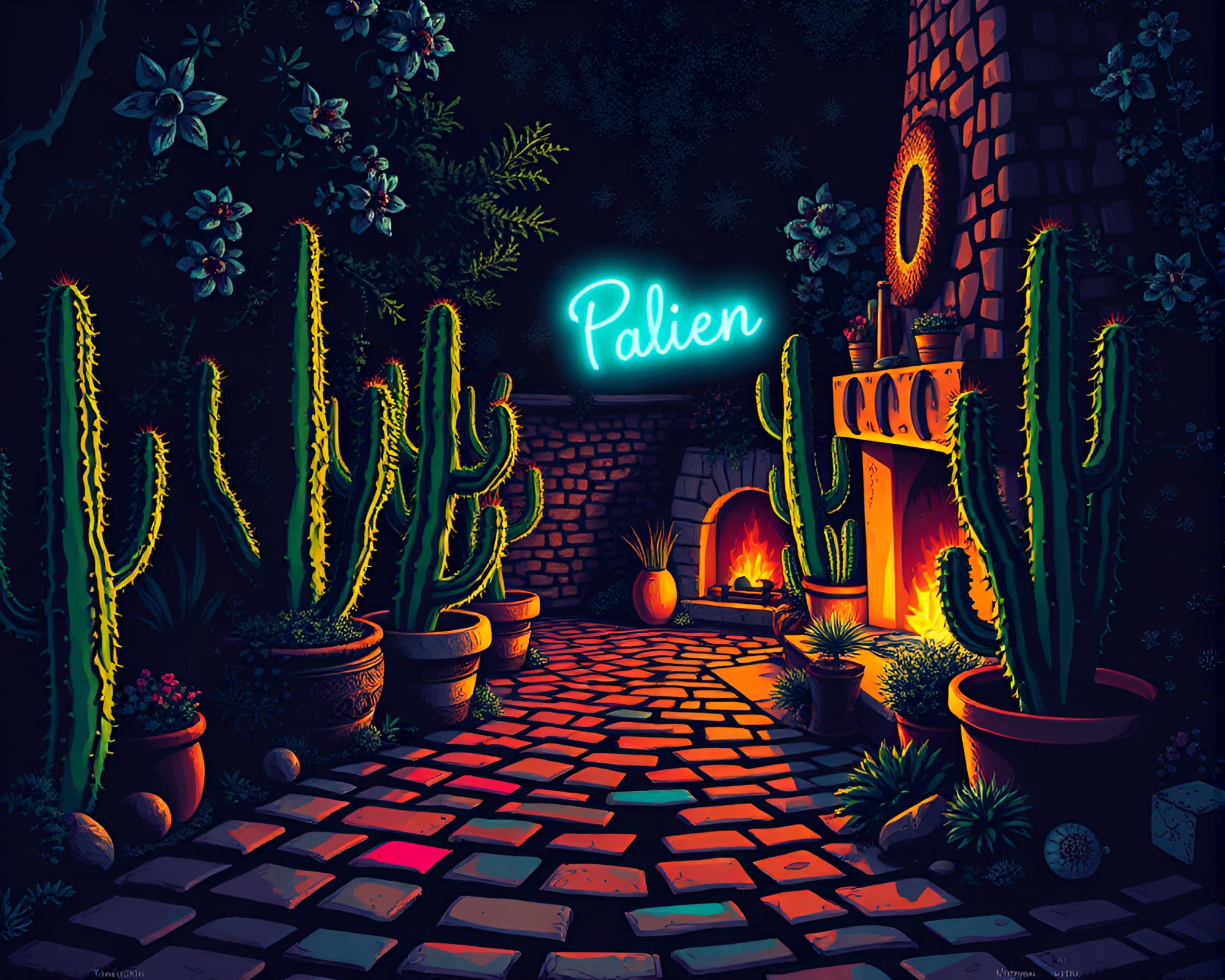 Neon Cactus on Cobblestone Path with Fireplace Flicker – free AI stock image