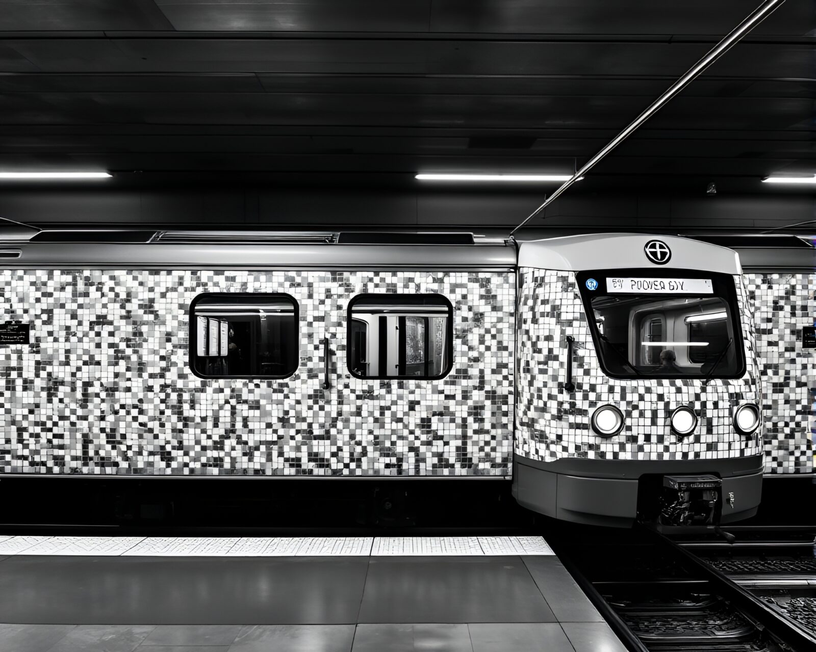 A stunning portrayal of a futuristic train on a mosaic tiled track in copper tones.