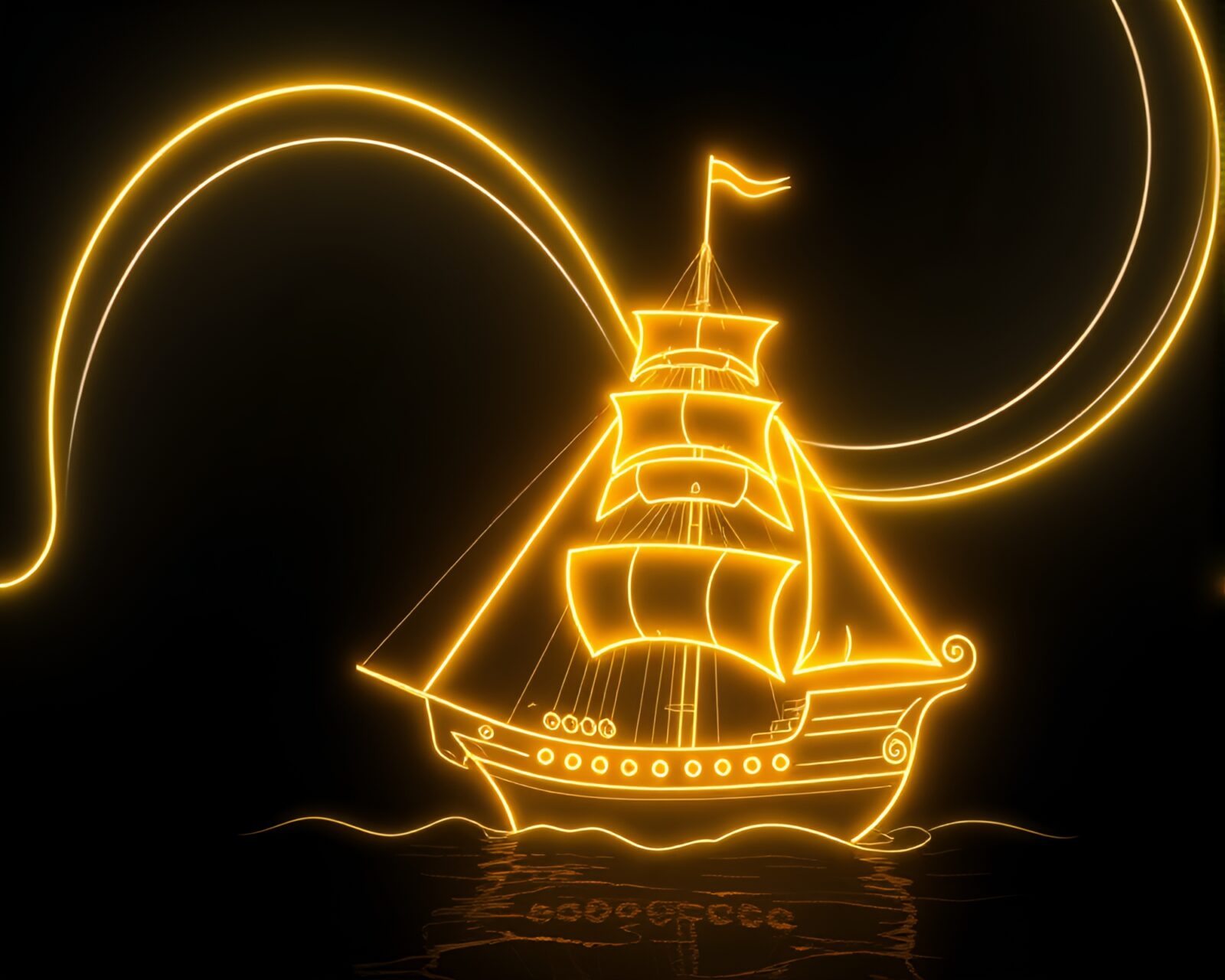 Graphite gray seas with neon-lit classic ship in golden spiral