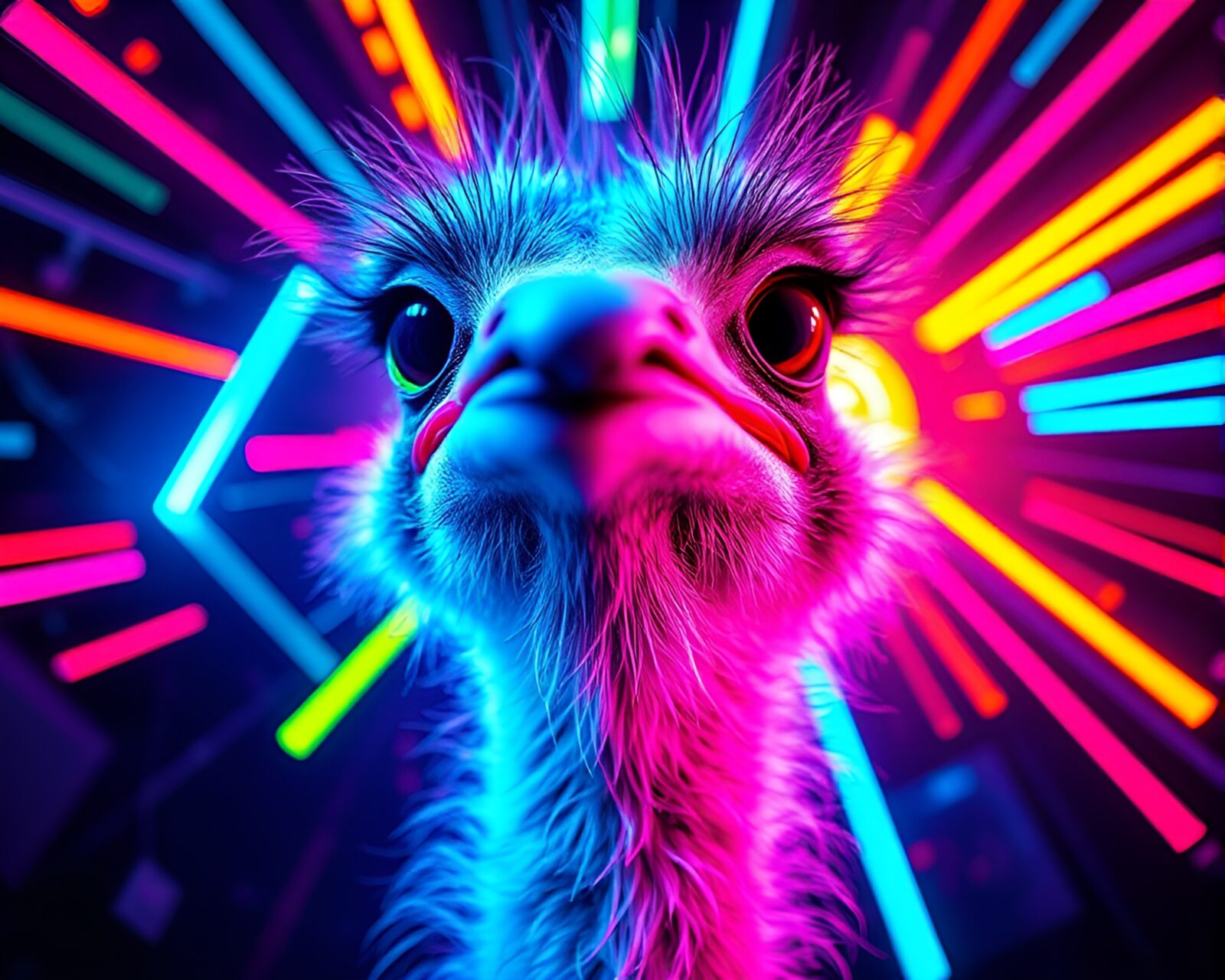 Vibrant neon ostrich in a fisheye effect illustration