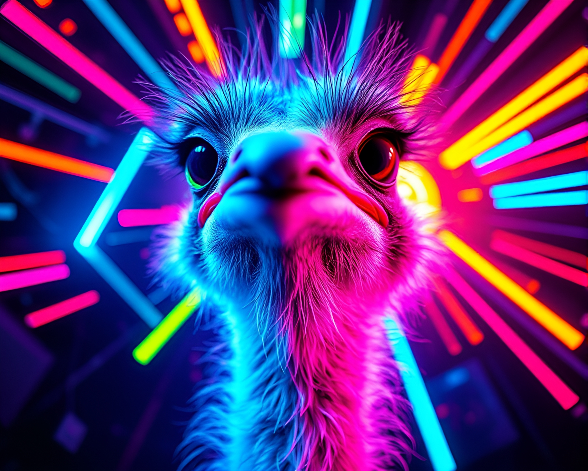 Neon Ostrich under Fisheye Lens: Technical Illustration – free AI stock image