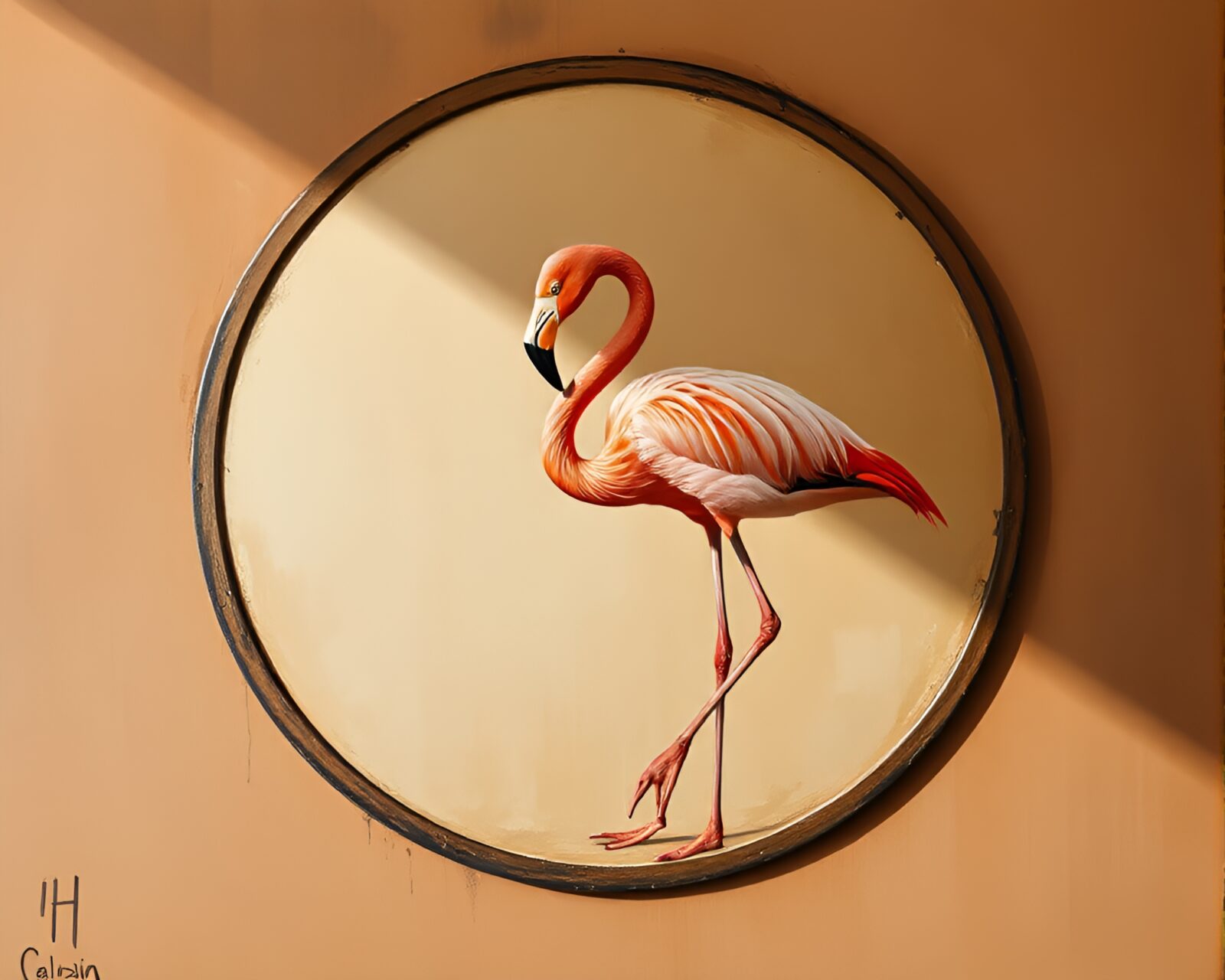Circular composition of a majestic flamingo in sepia tones