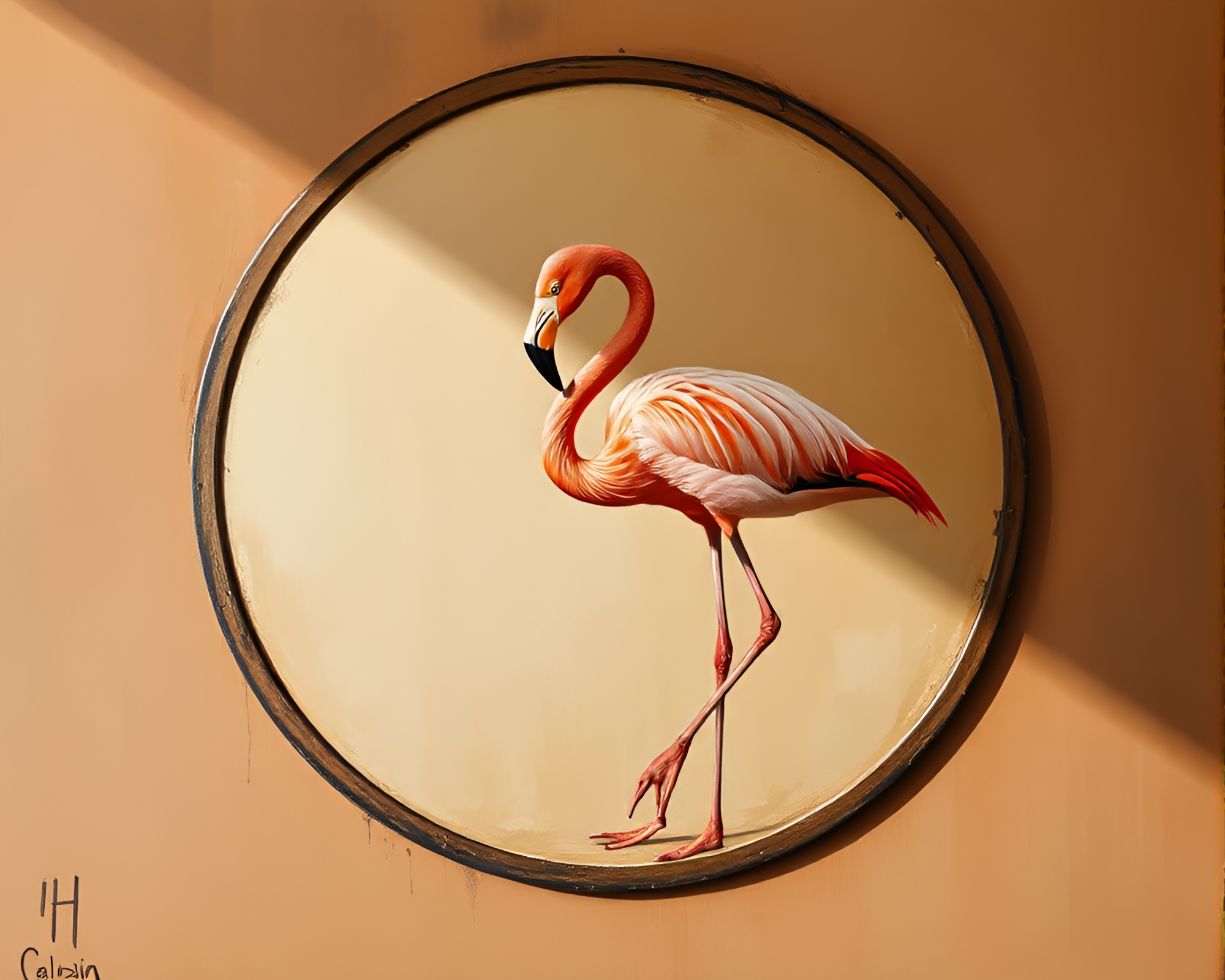 Circular Flamingo Portrait in Sepia Oil Painting – free AI stock image