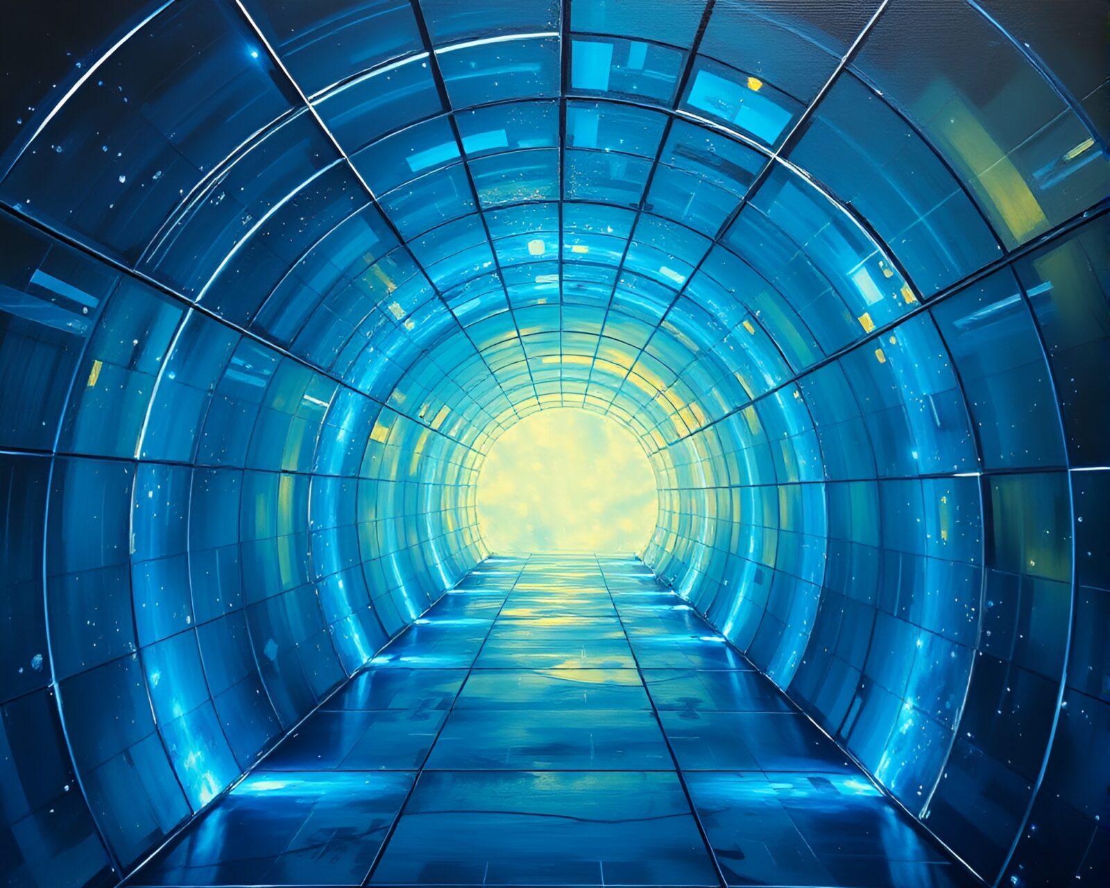 Acrylic painting of a glass tunnel with dramatic rim lighting