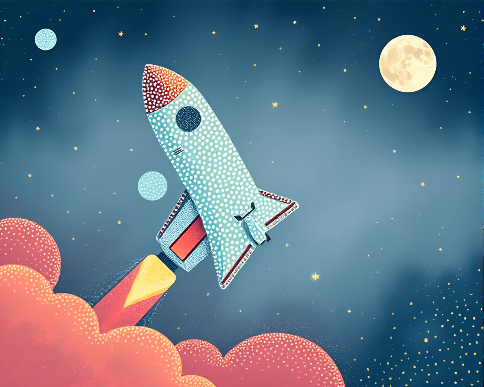 Colorful pointillist art of a space shuttle launching through smoky haze