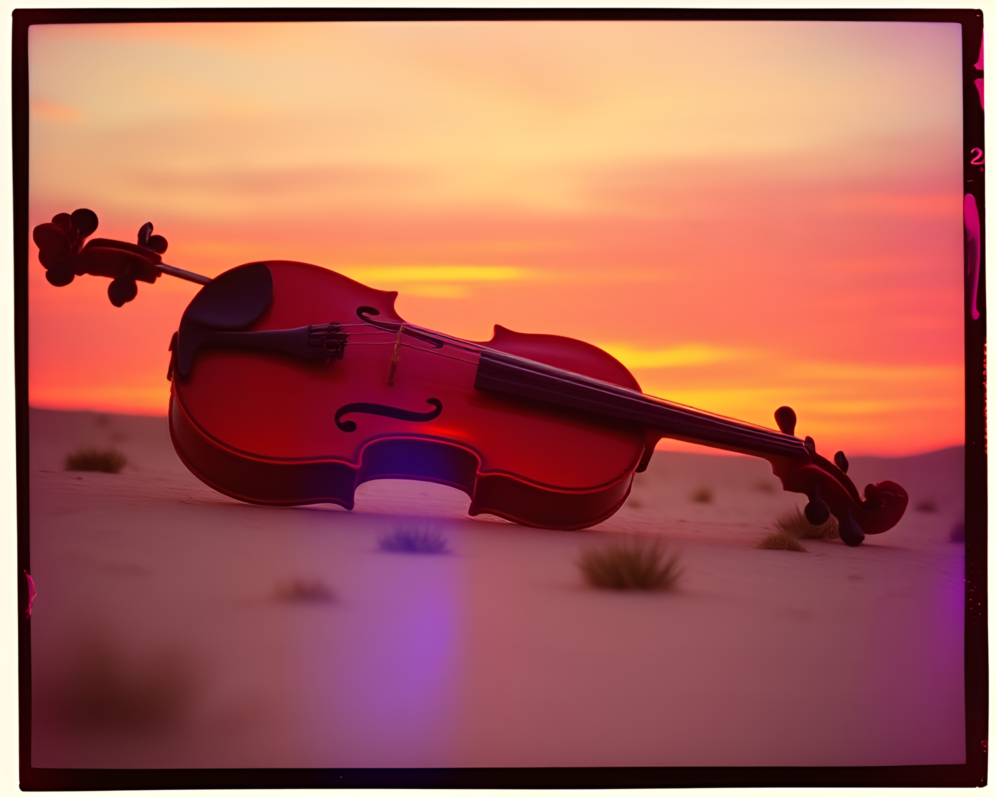 Violin Symphony in Iridescent Desert Sunset Polaroid – free AI stock image
