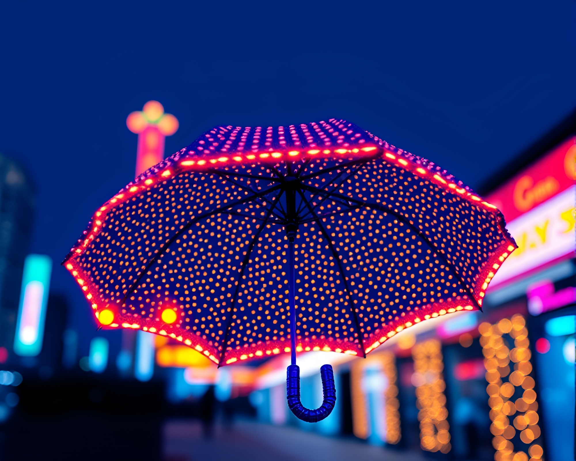 Neon-lit Umbrella in Cobalt Blue Pointillist Study – free AI stock image