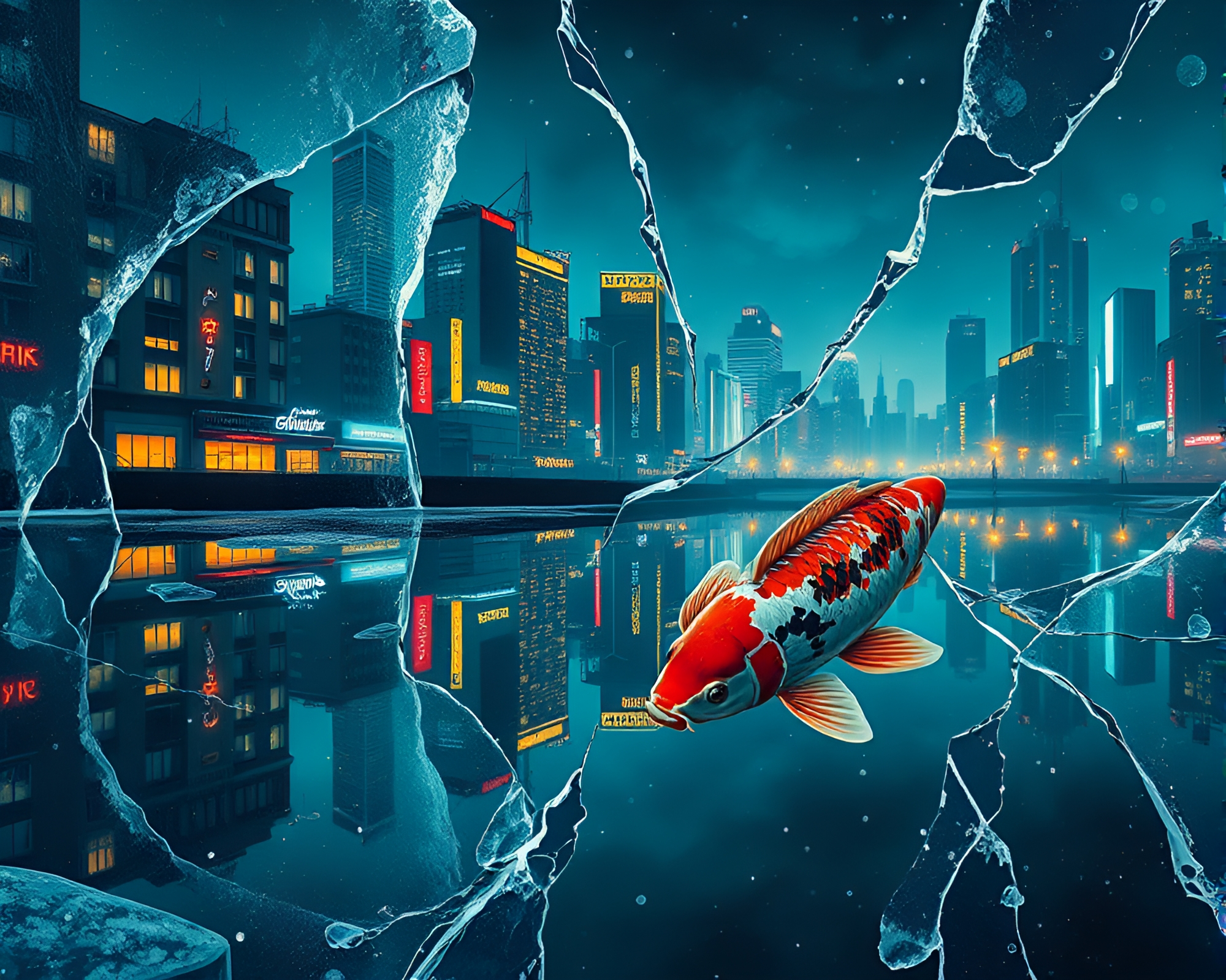Cyberpunk Koi Fish Swimming in Ice Crack Reflections – free AI stock image