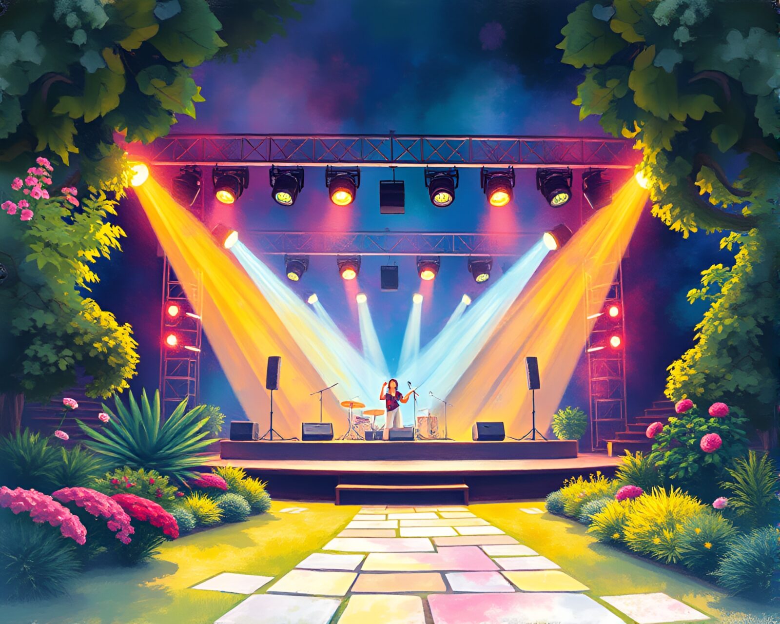 Pastel drawing of a serene garden under vibrant lights