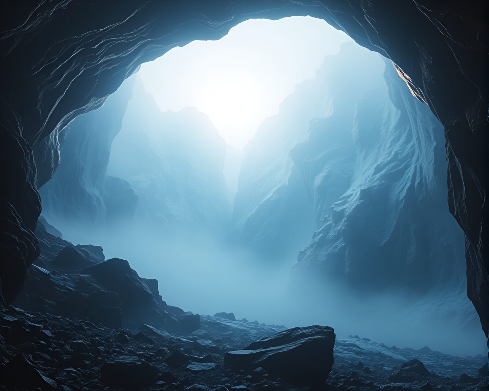 Ethereal mist inside an intricate ice cavern at sunrise