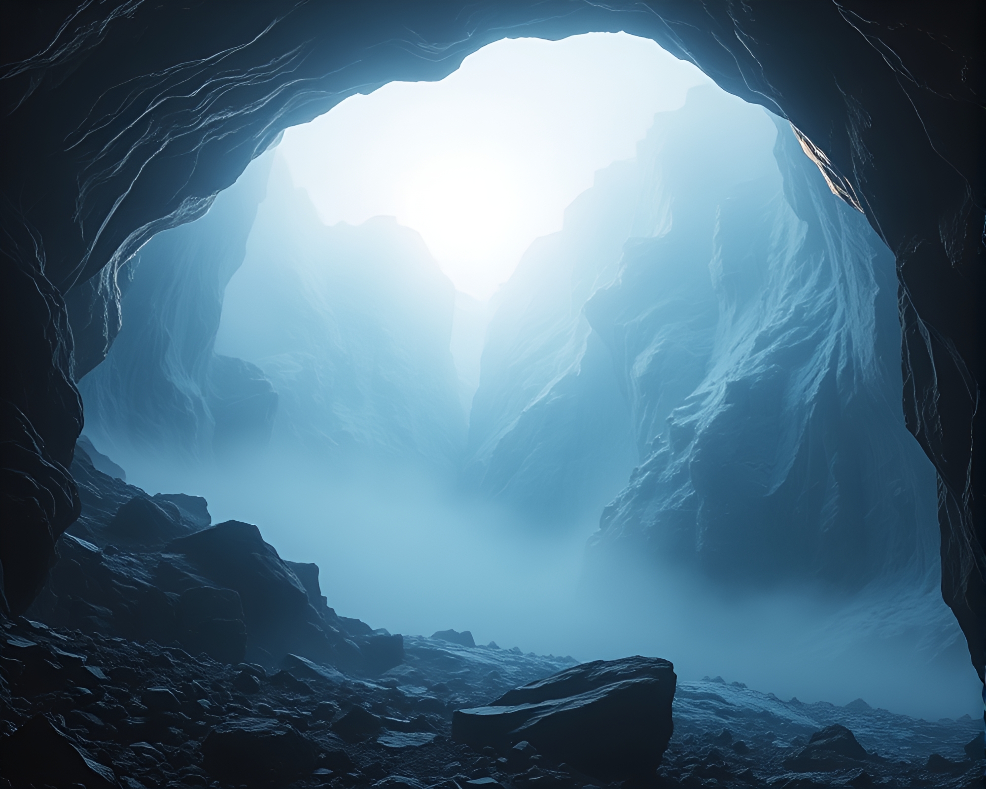 Glacial Cave Dawn Mist Architectural Rendering – free AI stock image