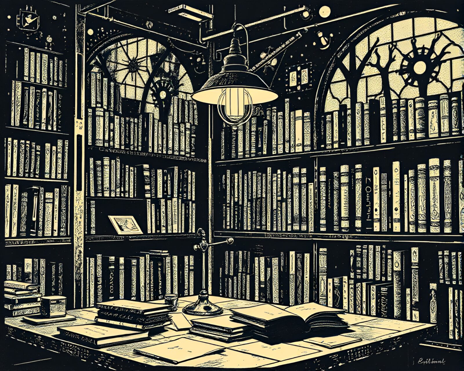 A futuristic cyborg illuminated by a warm library lamp