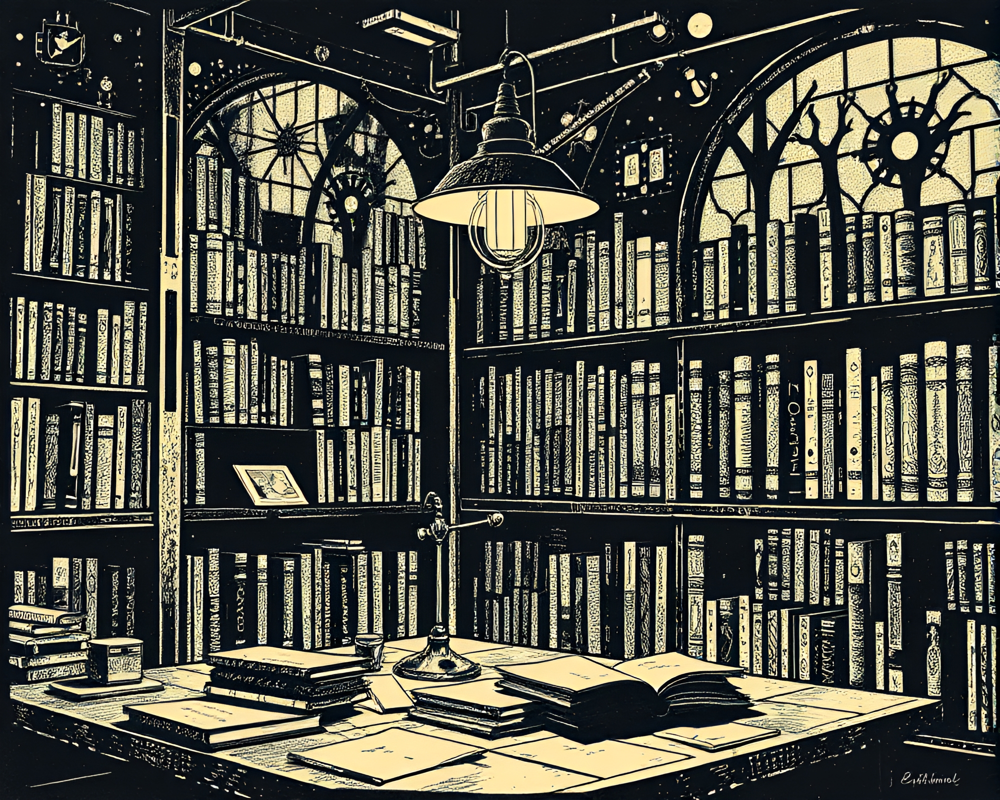 Cyborg in Fractal Library Glow Linocut Art – free AI stock image
