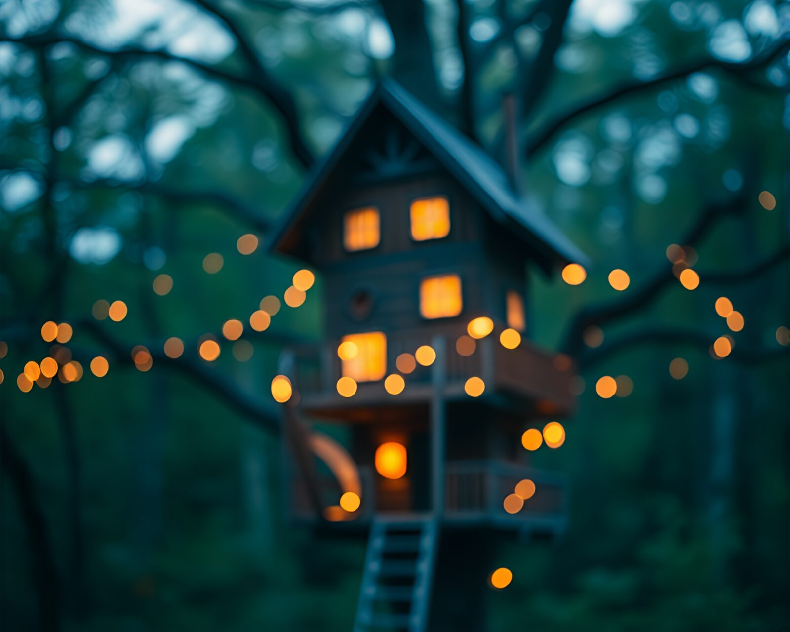 Soft focus treehouse surrounded by bokeh lights in the forest