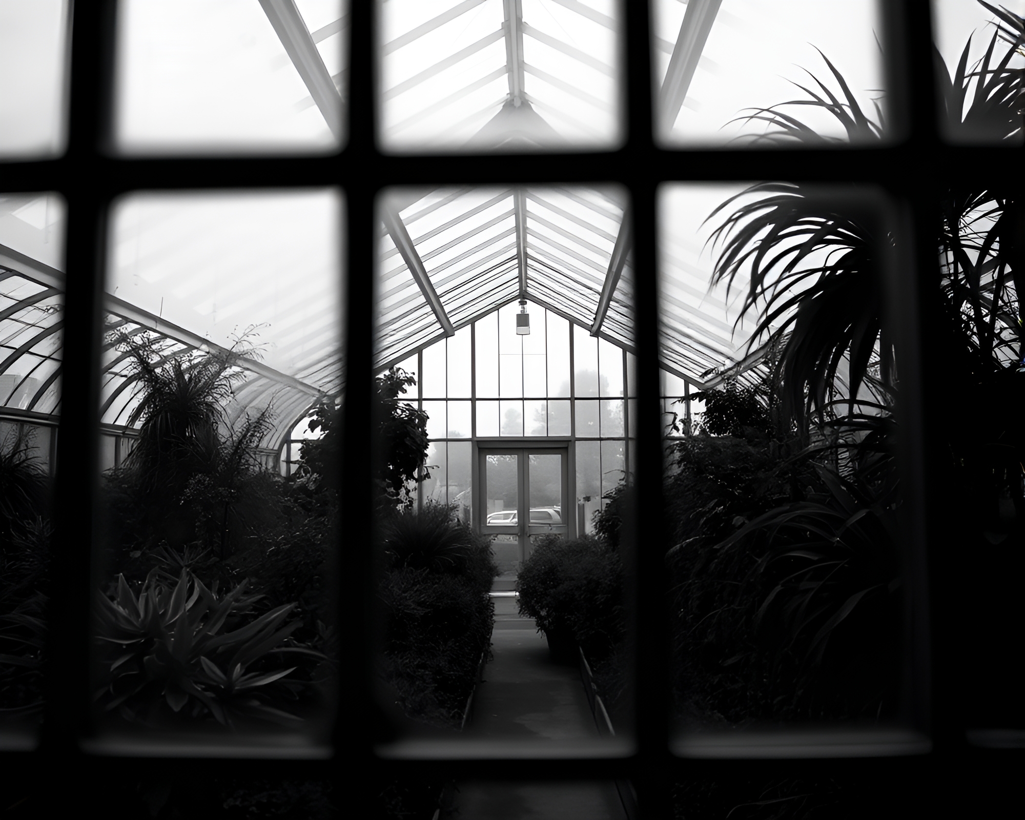 Glass Greenhouse in Desaturated Rule of Thirds Composition – free AI stock image