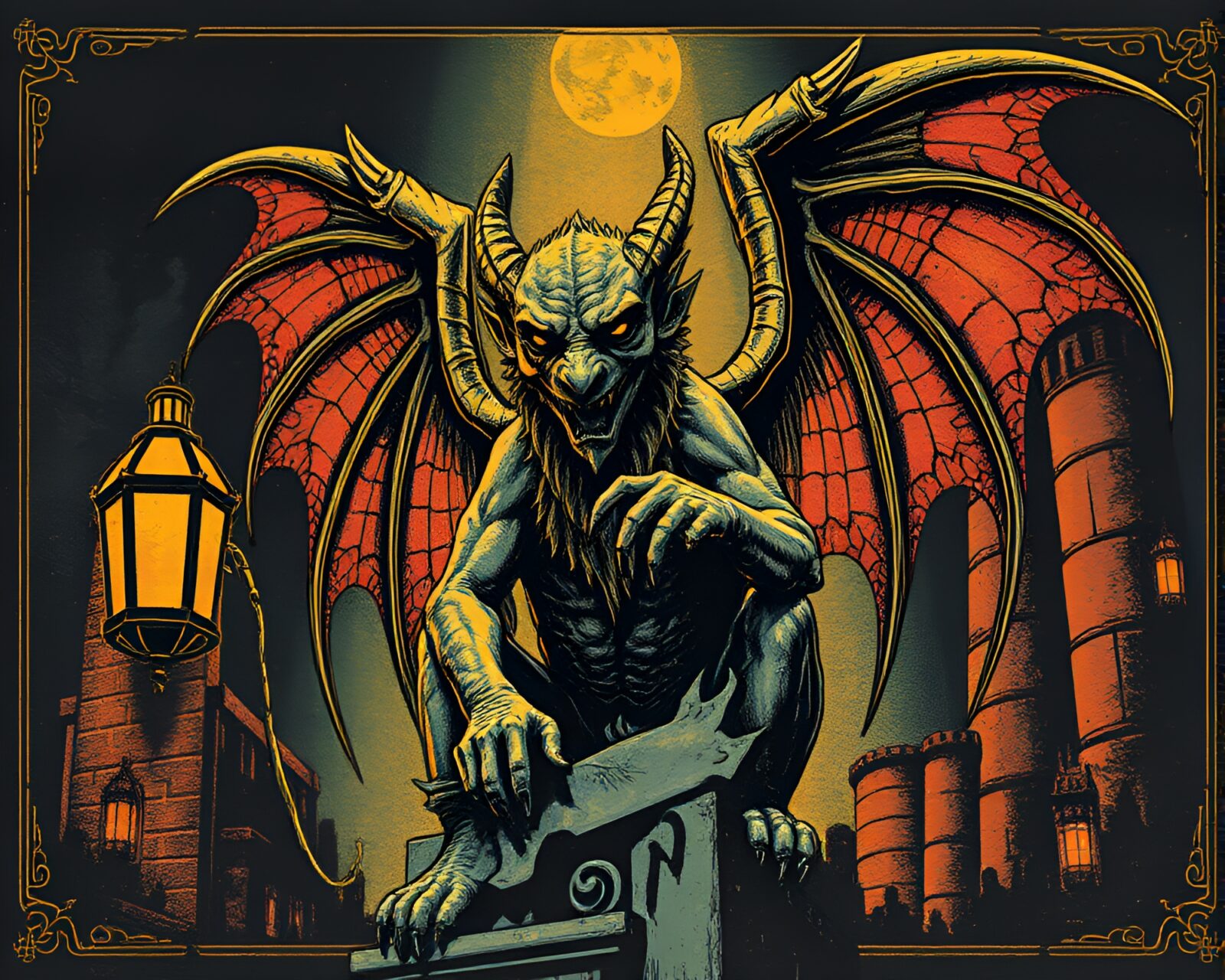 Dadaist collage of gargoyle statue in dim dungeon light