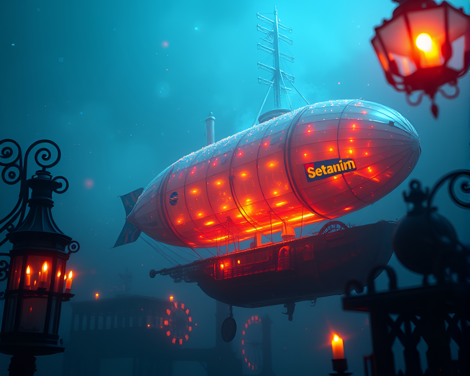 Iridescent Soap Film Steampunk Airship at Candlelit Night – free AI stock image