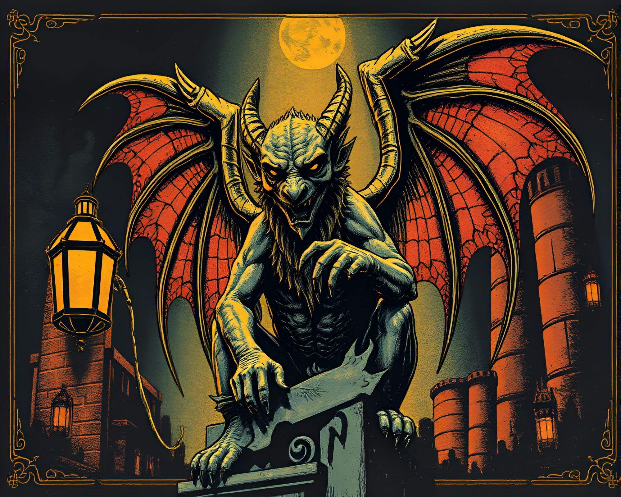 Foil Stamped Gargoyle Statue in Dungeon Torchlight – free AI stock image