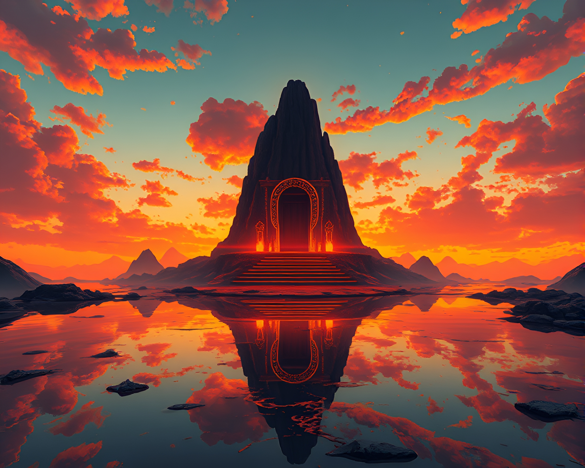 Volcanic Island Throne Room Reflection – free AI stock image