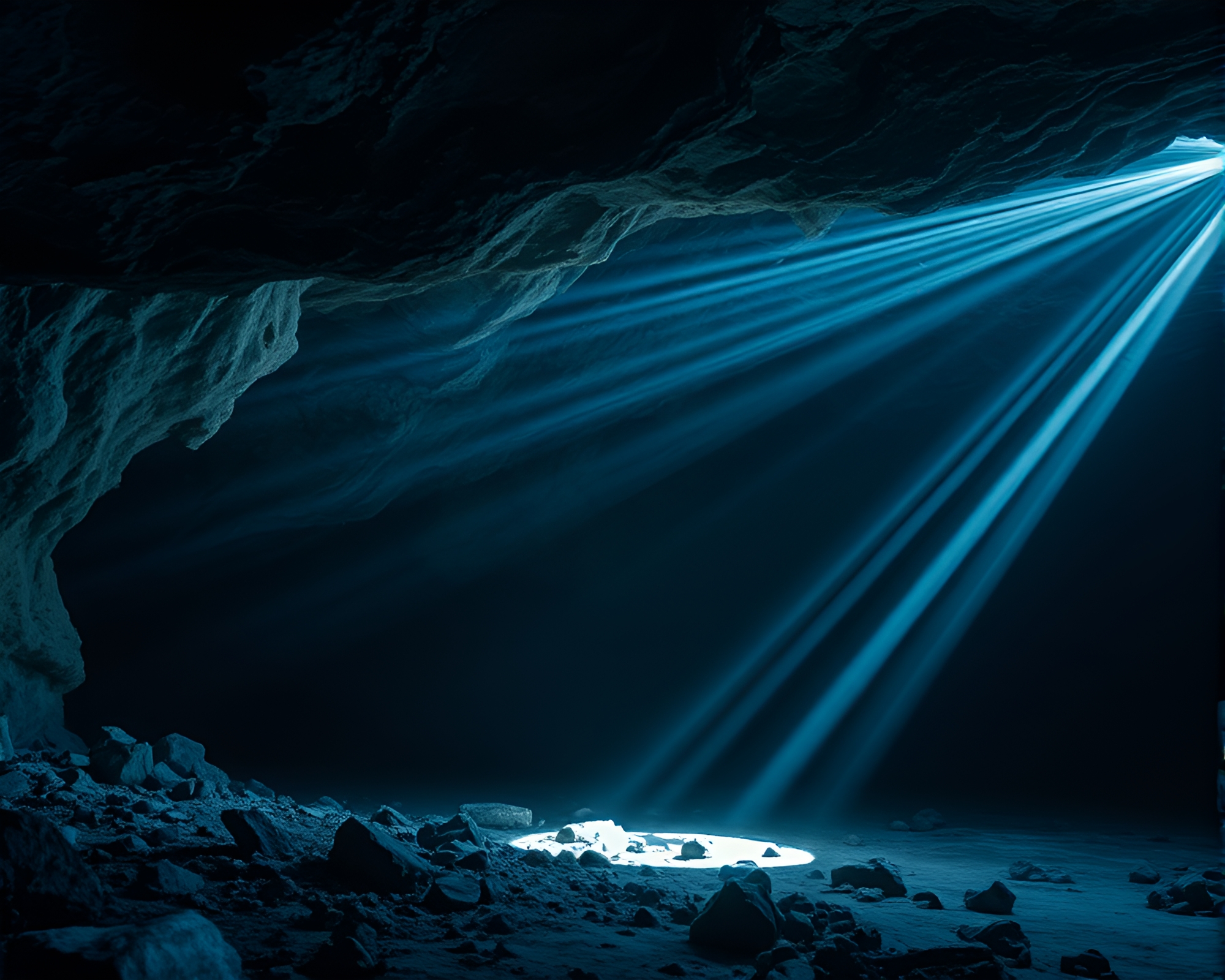 Ice cavern illuminated by vibrant laser beams – free AI stock image