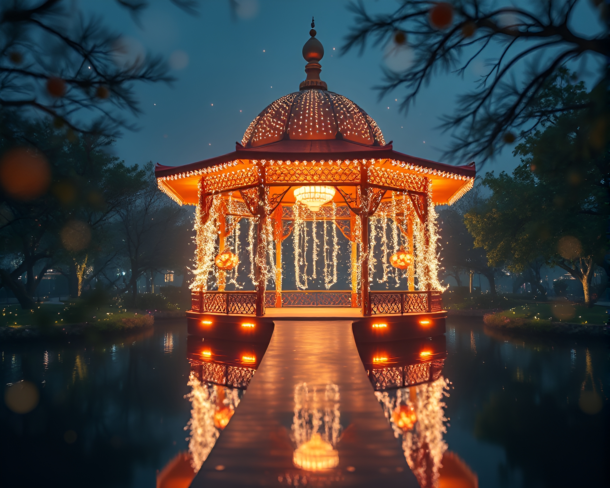 Enchanted Floating Pavilion with Fairy Light Sparkle – free AI stock image