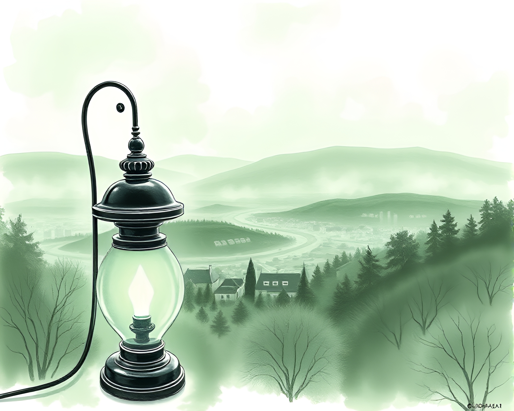 Lamp-lit Emerald Monochrome Panorama – free AI stock image