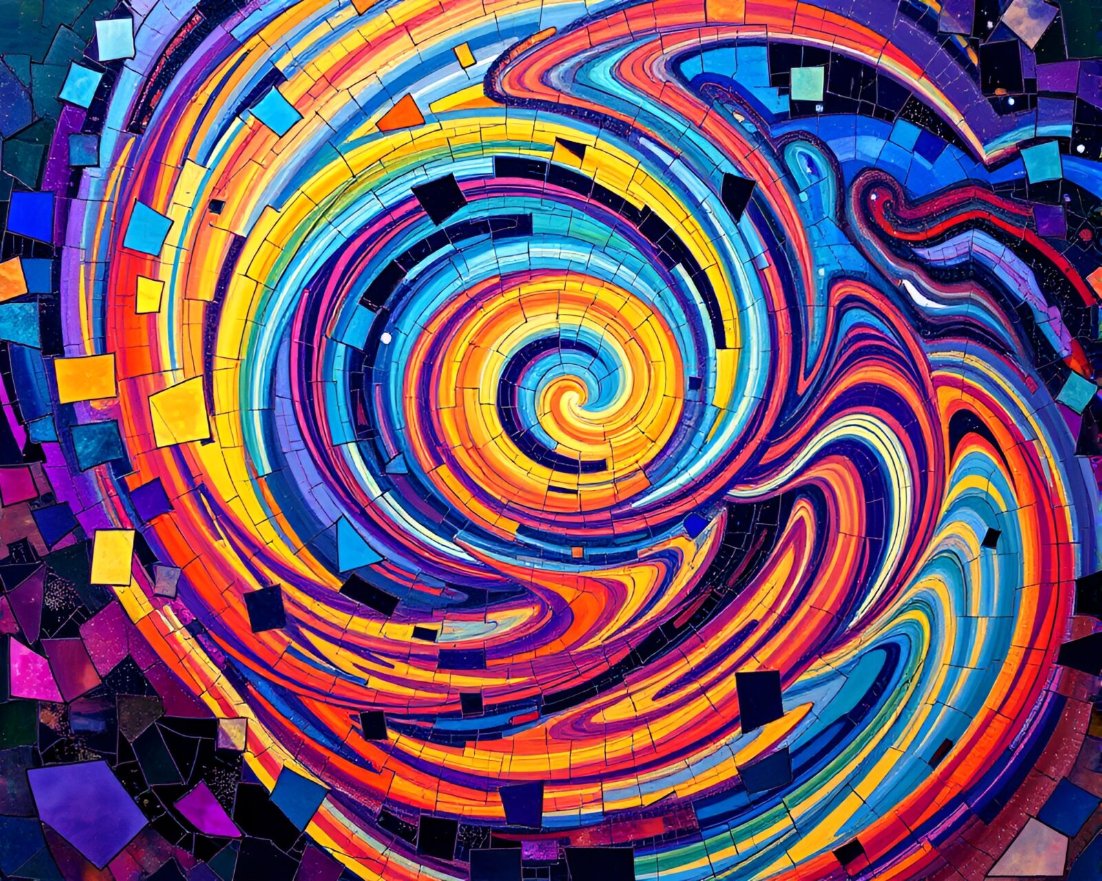 Vibrant swirling colors in fragmented mosaic design, abstract art