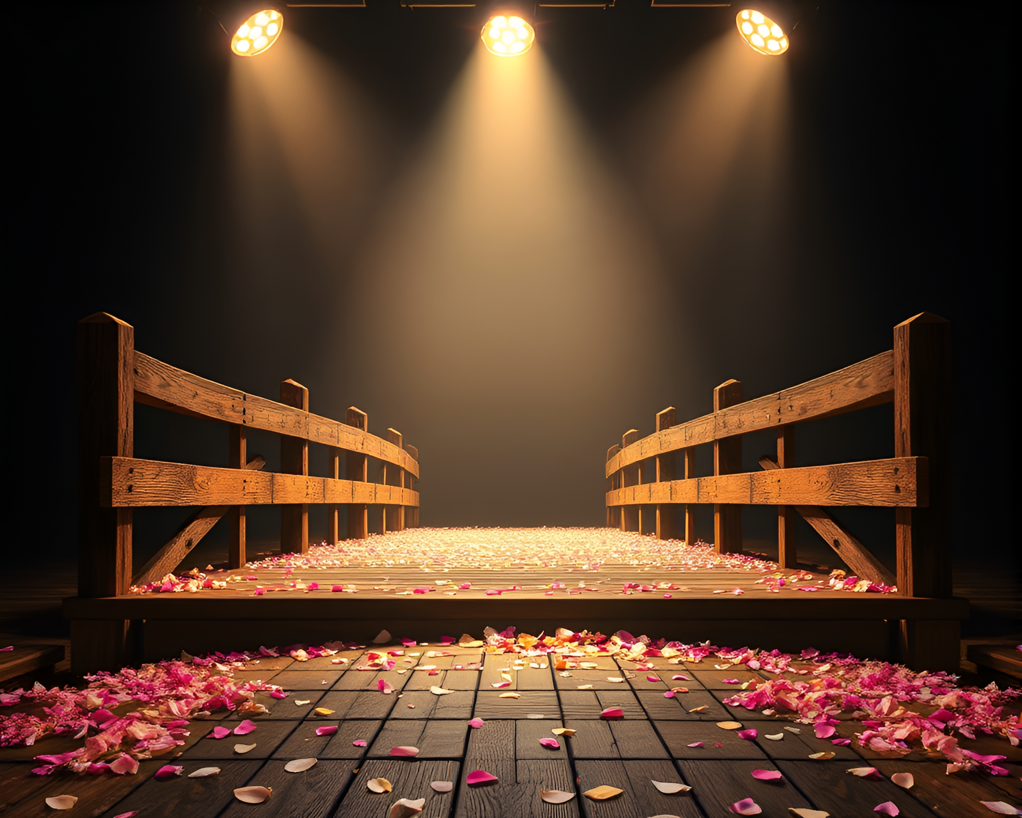 Dystopian Wooden Bridge Covered in Flower Petals Spotlighted – free AI stock image