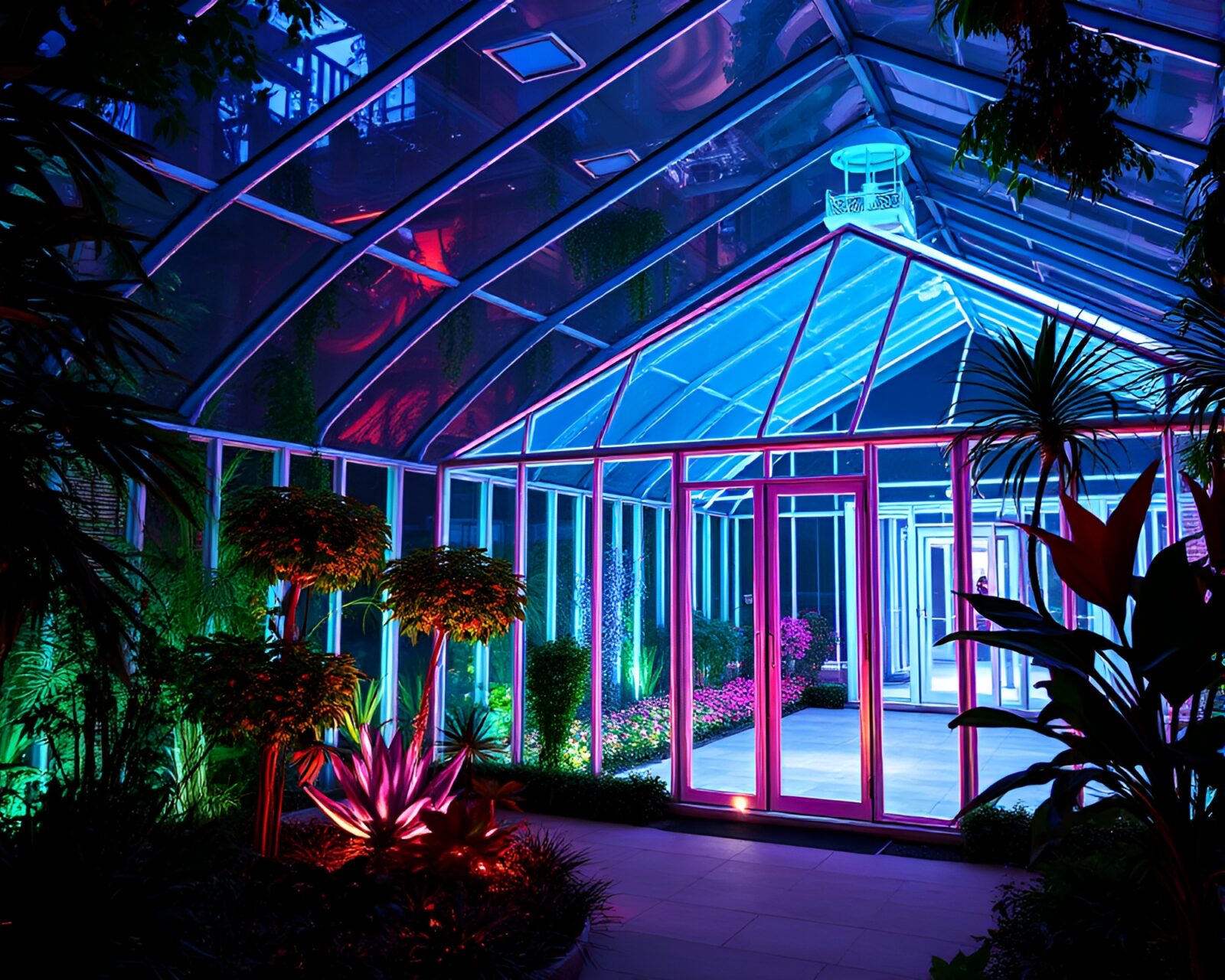 Fiber optics interwoven in a glowing glass structure