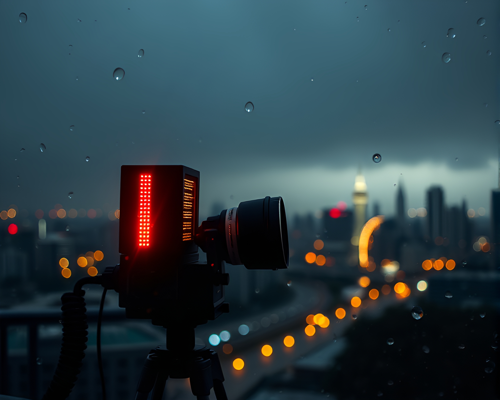 LED Pixel Grid with Antique Sextant in Rainy Reflections – free AI stock image