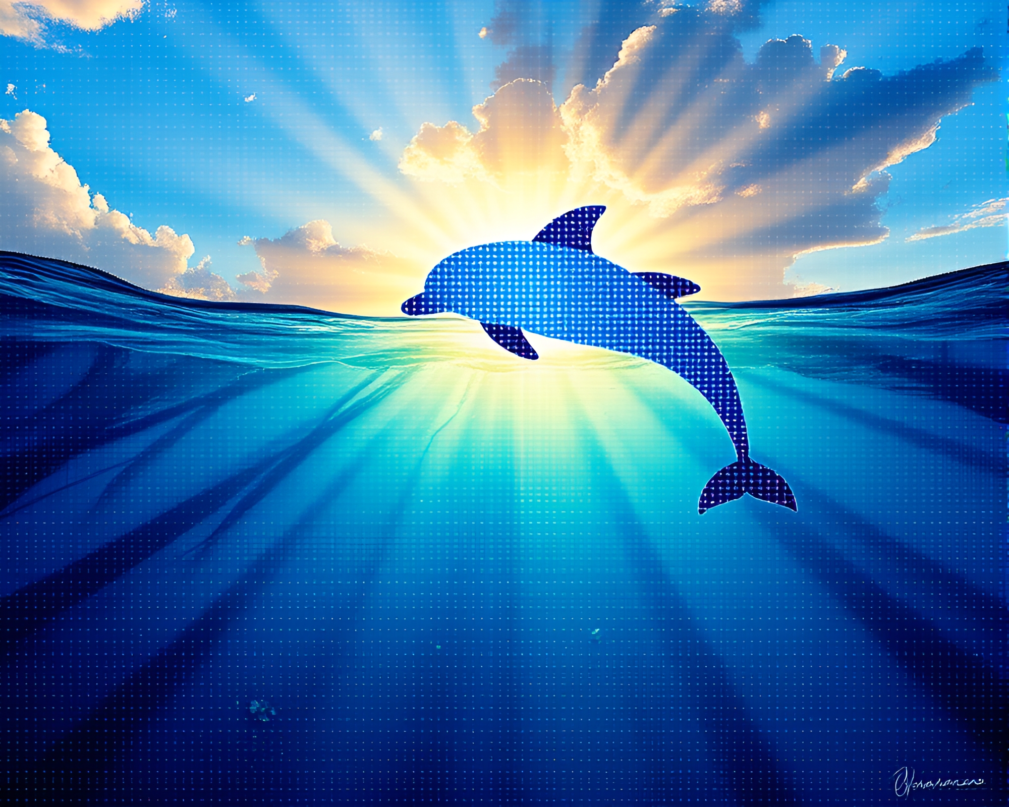LED Pixel Grid Illuminates Amazon River Dolphin in Sunbeam Vignette – free AI stock image