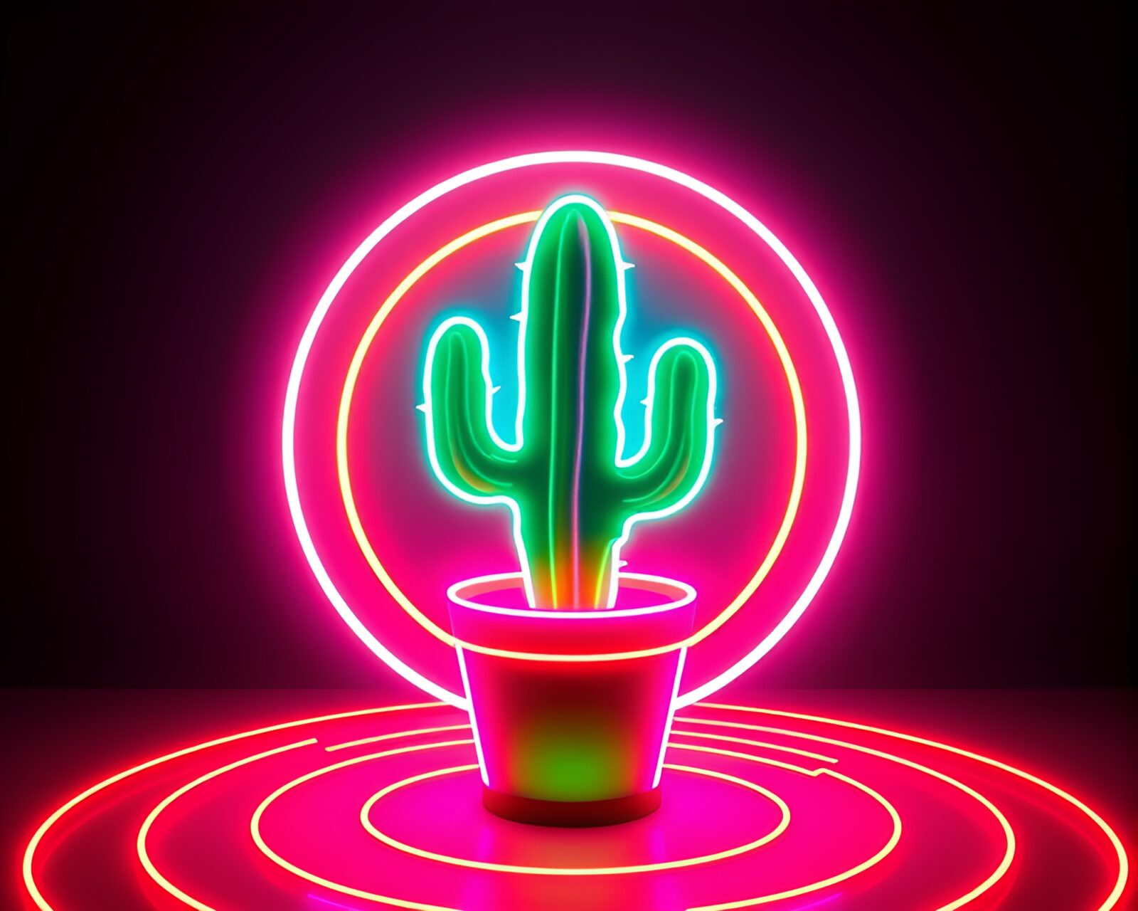 Fashionable neon cactus surrounded by glowing circles
