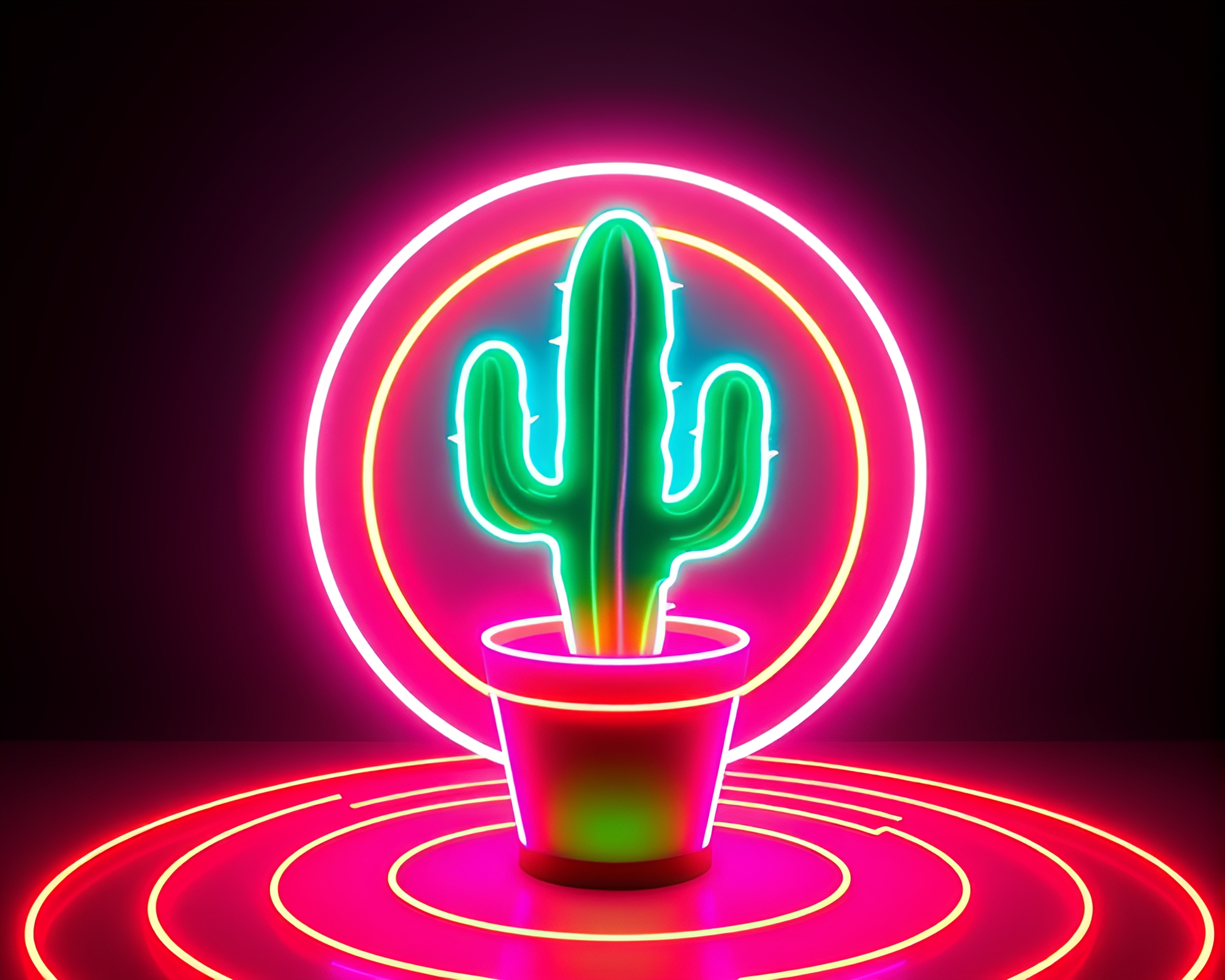 Neon Cactus Oasis Illuminated by Concentric Circles – free AI stock image